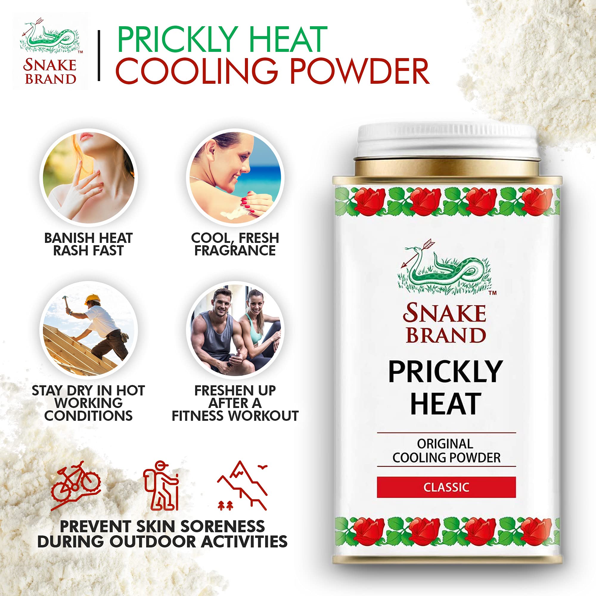 Après la douche, Snake Brand Prickly Heat pour rester frais toute la journée.