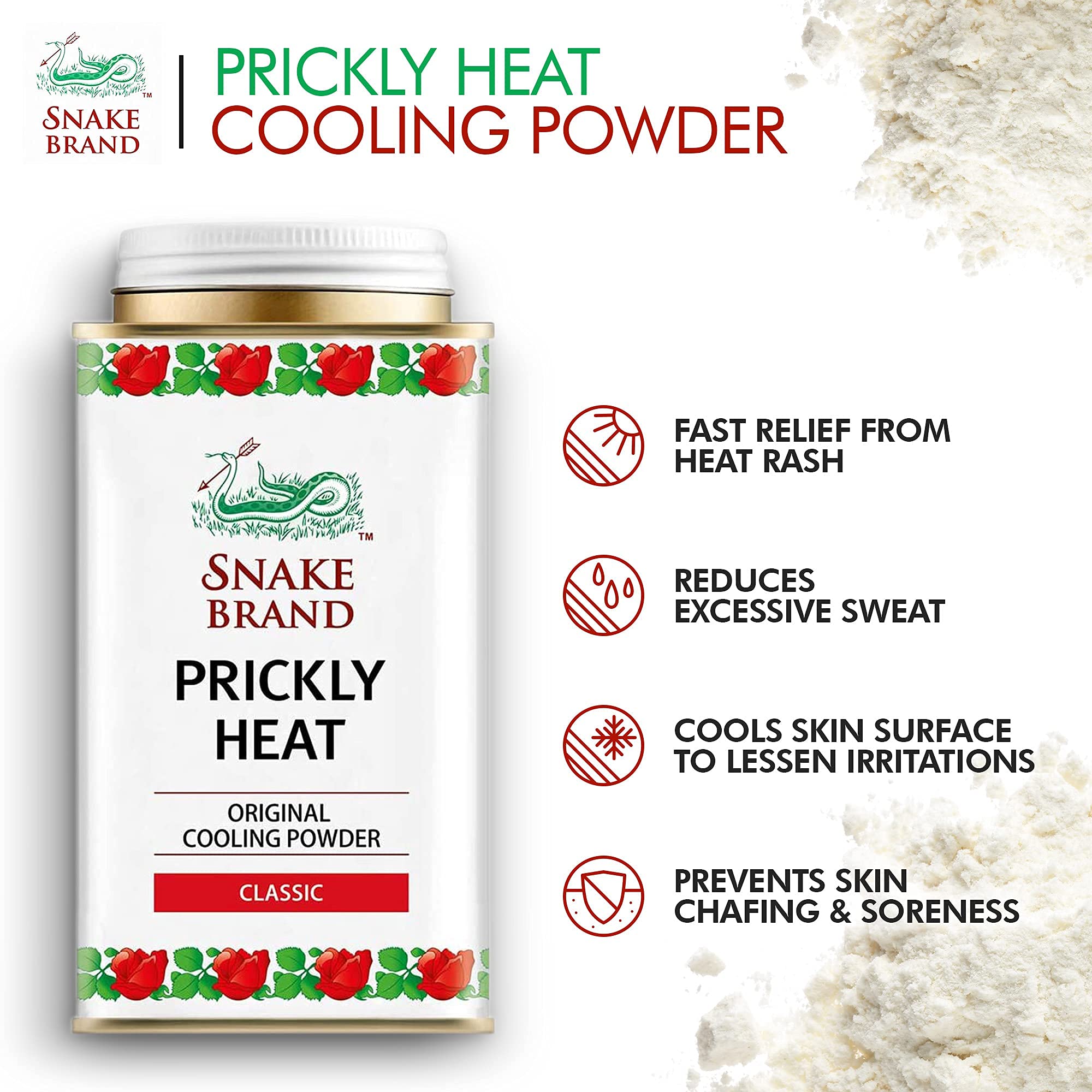 Utilisation sur les pieds avec Snake Brand Prickly Heat afin d’éviter l’inconfort.