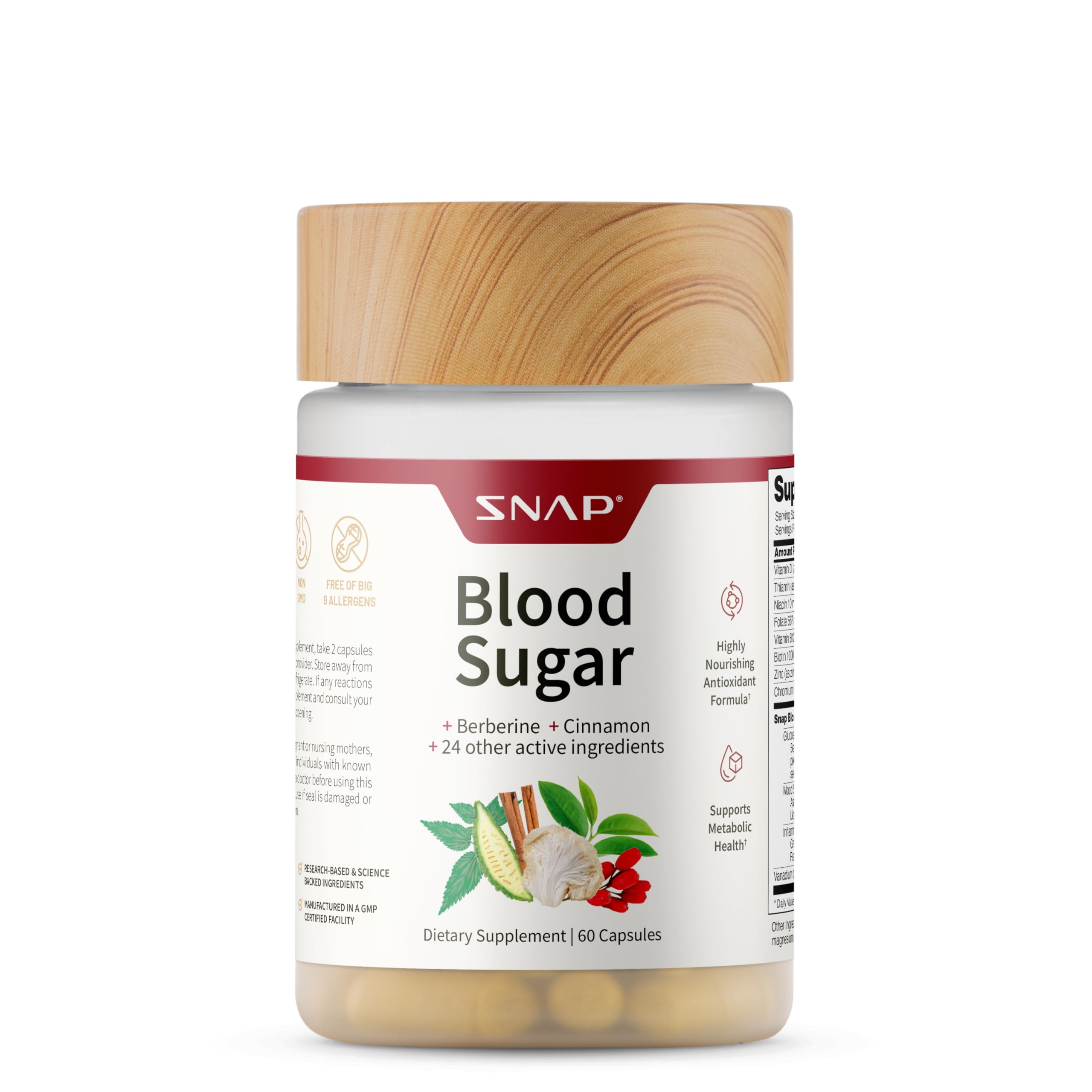 Snap Supplements Glycemique Équilibre – bouteille et capsules visibles, énergie quotidienne.