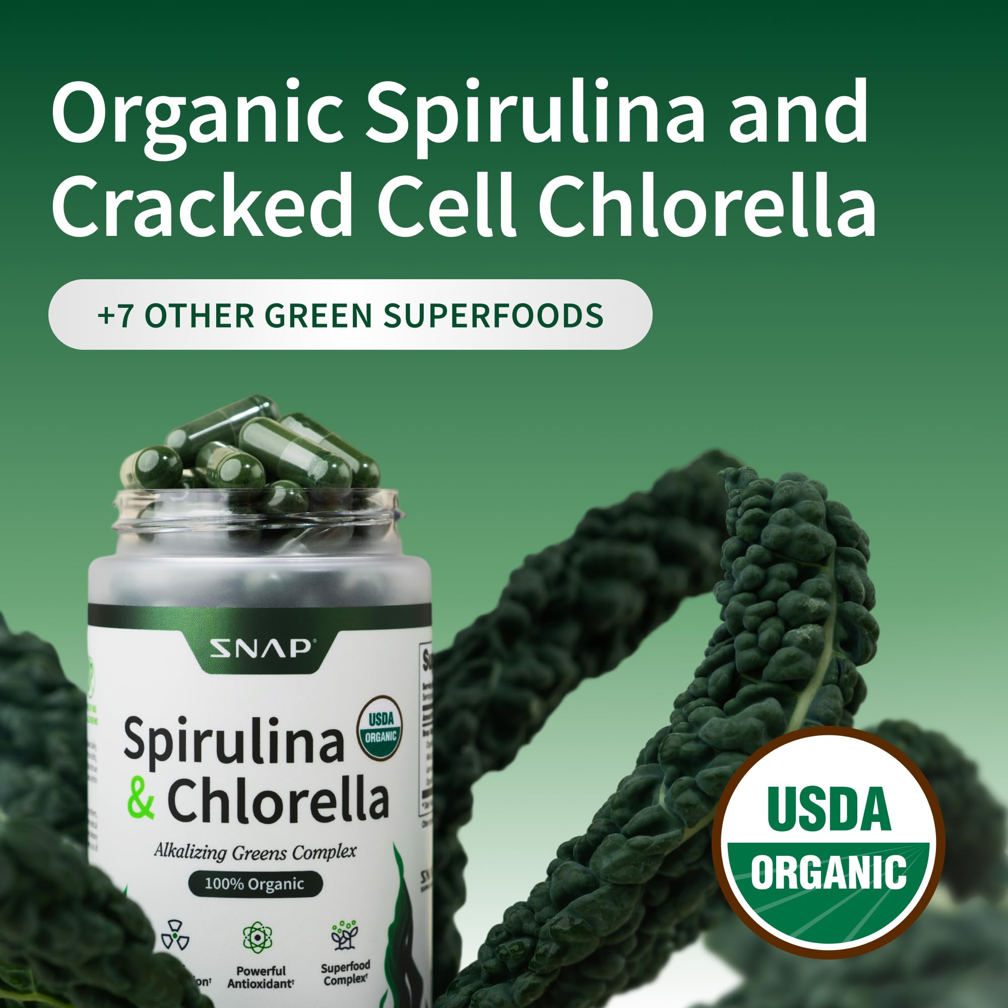 Étiquette bio Snap Supplements Spiruline-Chlorelle indiquant les ingrédients et l origine.