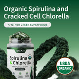 Étiquette bio Snap Supplements Spiruline-Chlorelle indiquant les ingrédients et l origine.