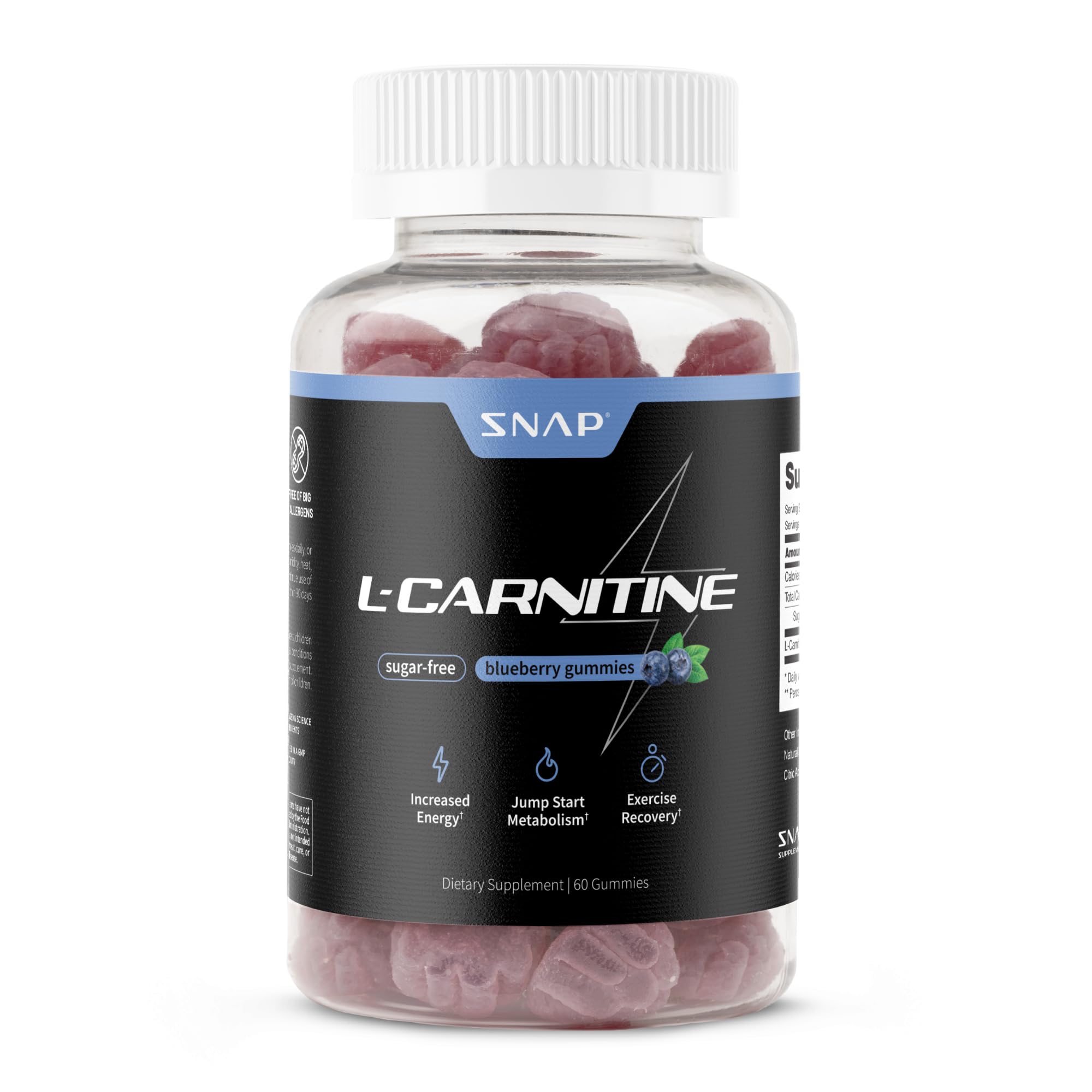Snap Supplements L-Carnitine Tartrate Gummies – emballage bleu, énergie durable.