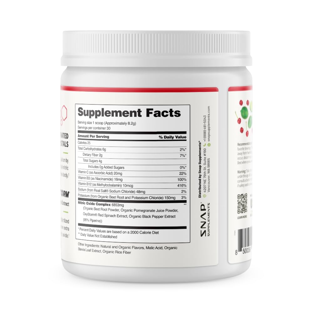 Snap Supplements Poudre Betterave – ingrédients, grenade et betterave pour les antioxydants.