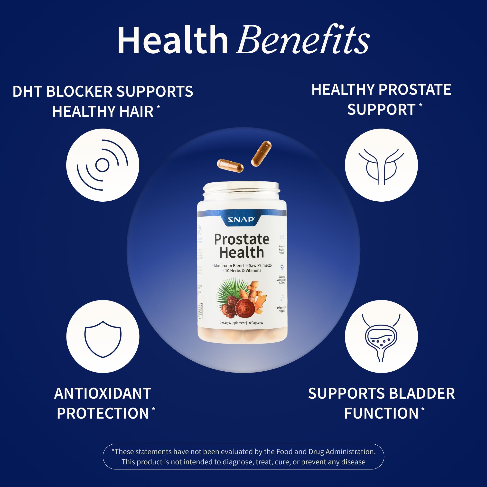 Snap Supplements Prostate Health – bouteille ouverte révélant les capsules faciles à prendre.