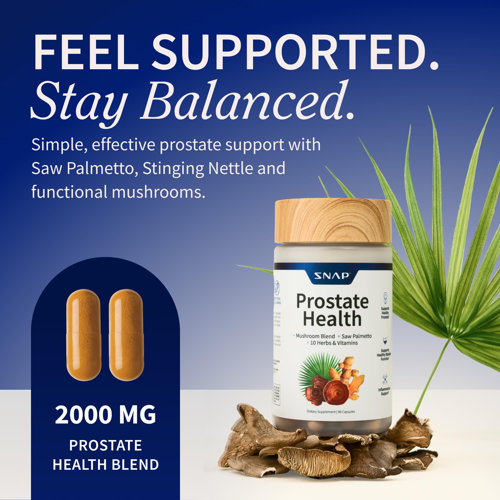 Snap Supplements Prostate Health – capsules vertes visibles, faciles à intégrer dans la routine.