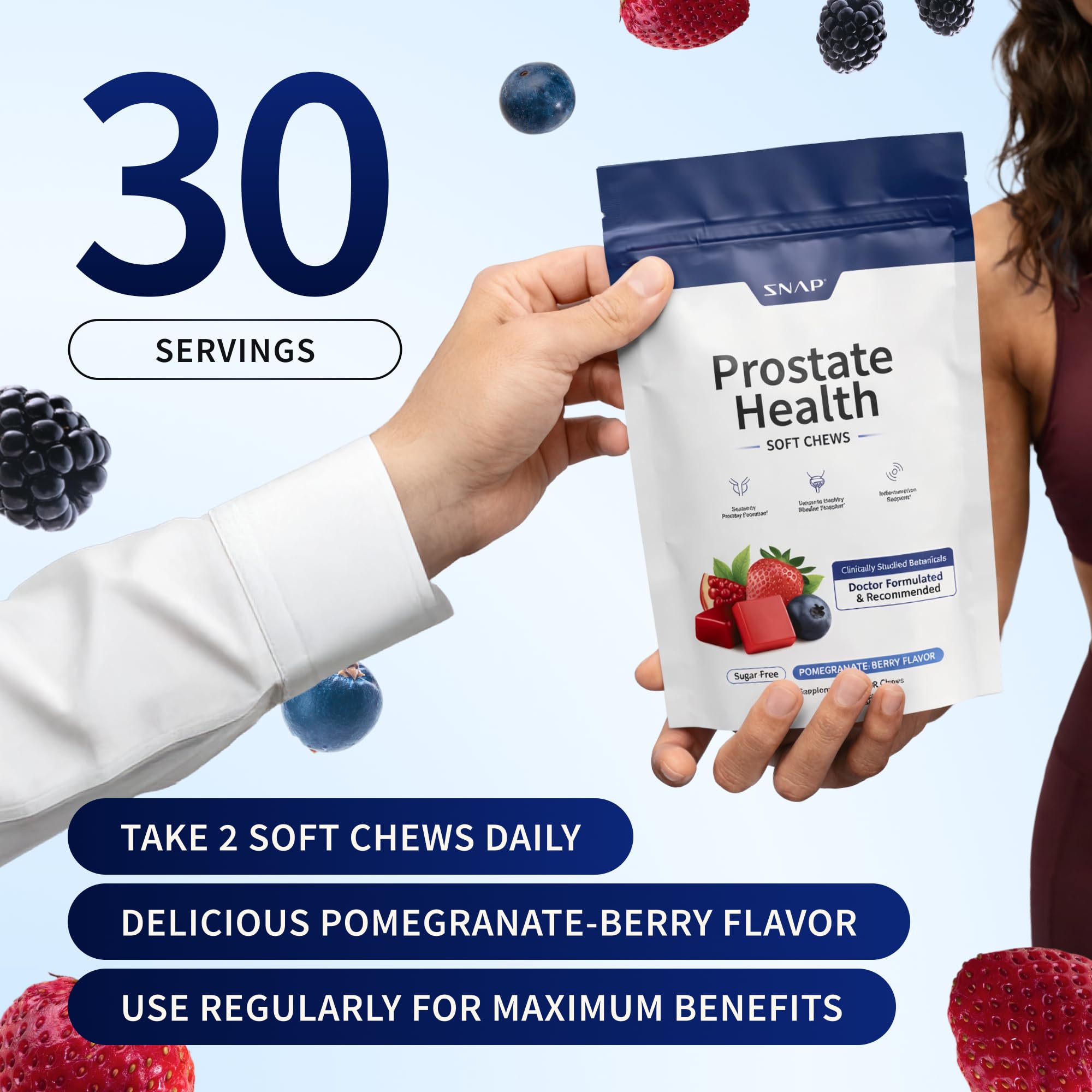 Arôme grenade-framboise Snap Supplements Prostate, prise quotidienne agréable.