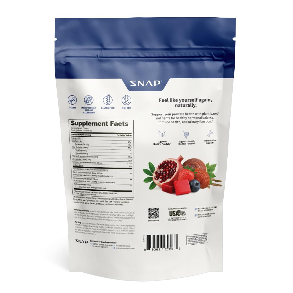 Étiquette nutritionnelle claire Snap Supplements Prostate, informations faciles à lire.