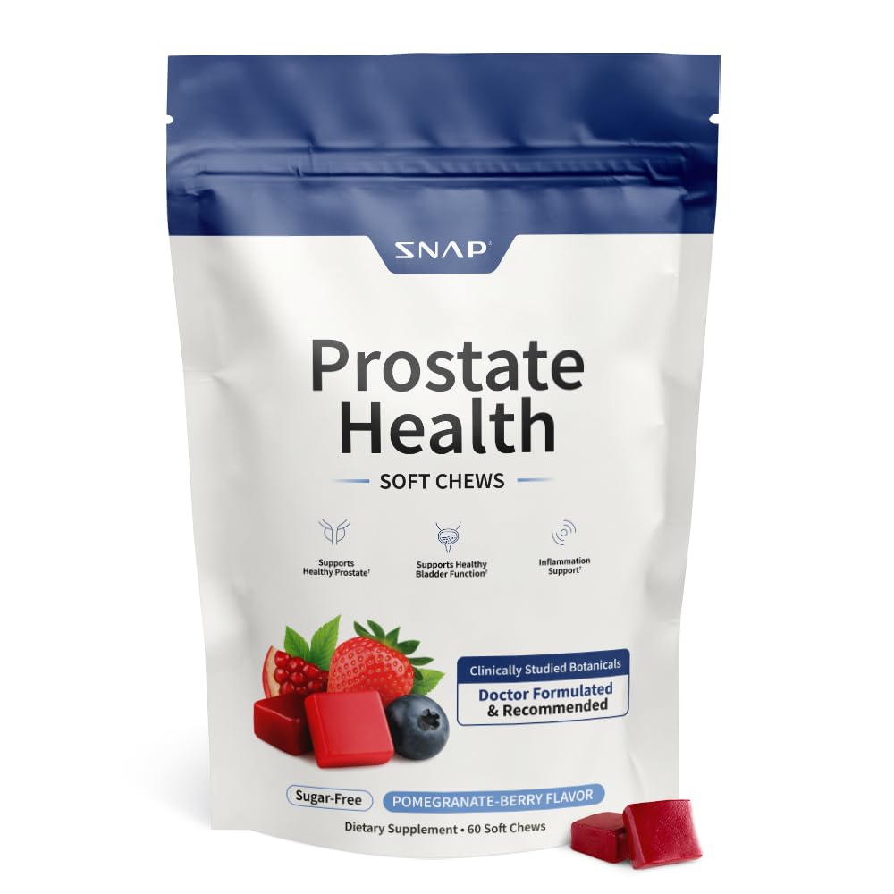Snap Supplements Prostate Soft Chews saveur grenade-framboise, soutien quotidien de la prostate et de la vessie.