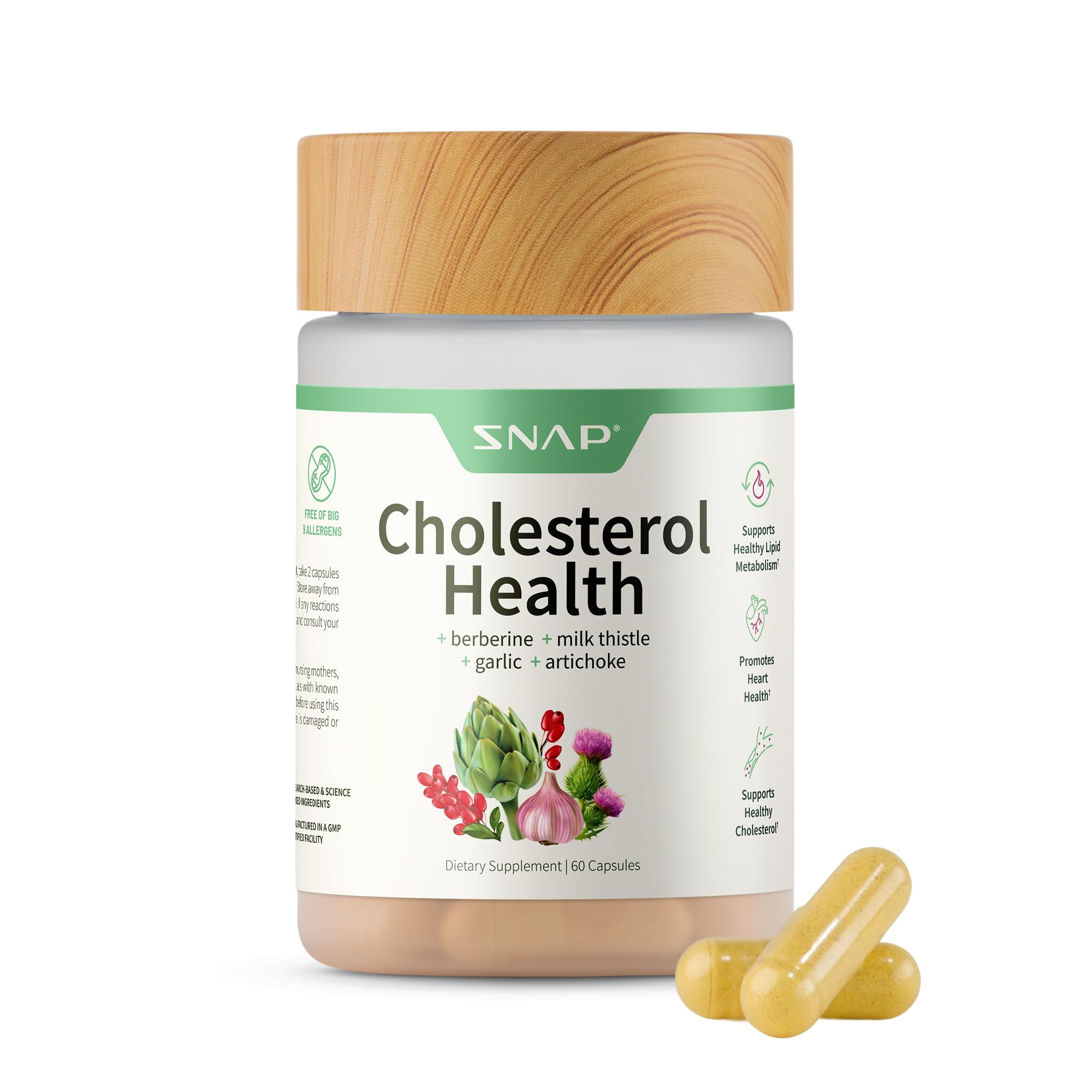 Snap Supplements Cholesterol Health: bouteille d'artichaut en capsules pour le métabolisme des graisses.