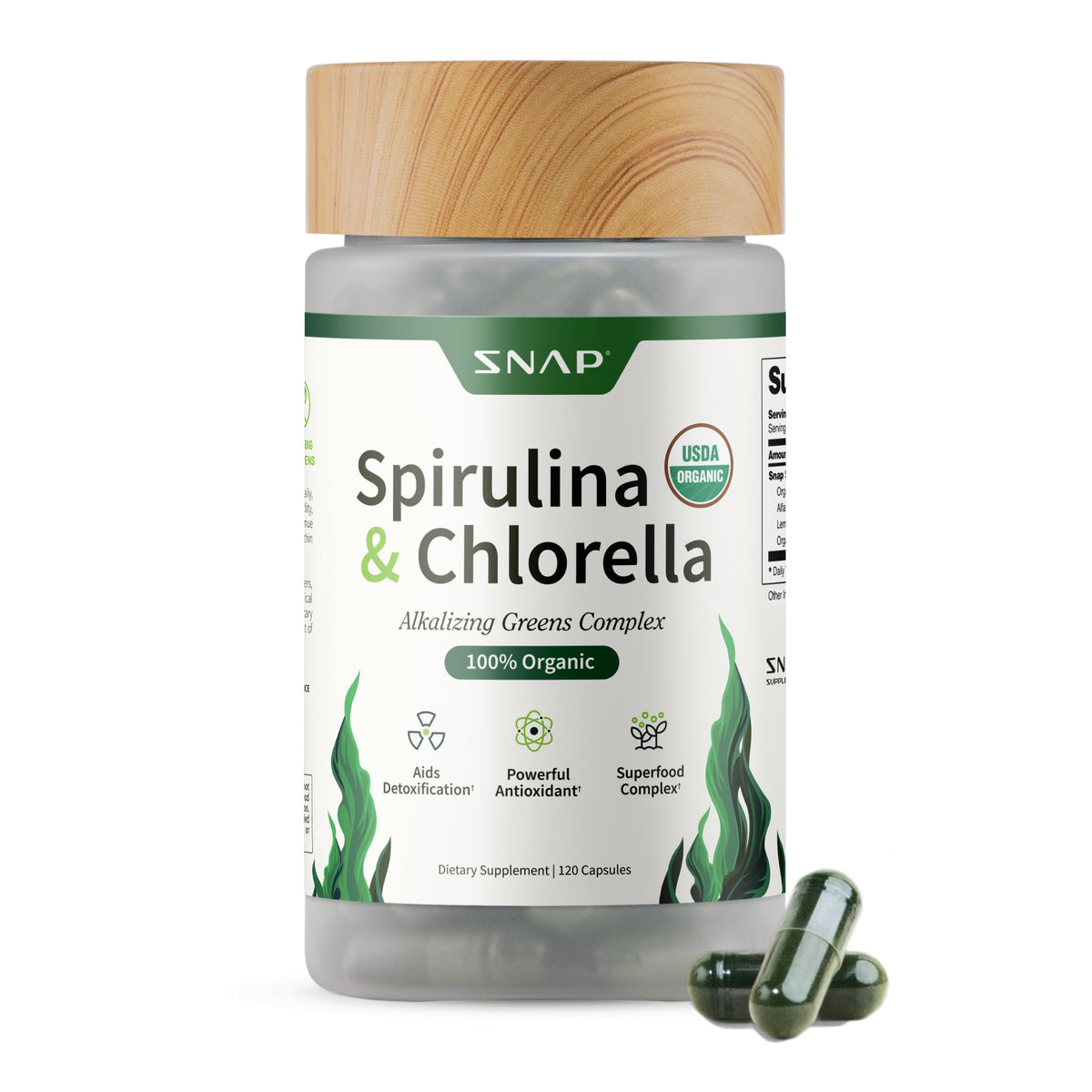 Snap Supplements Spiruline-Chlorelle – capsules vertes pour énergie naturelle et bien-être.