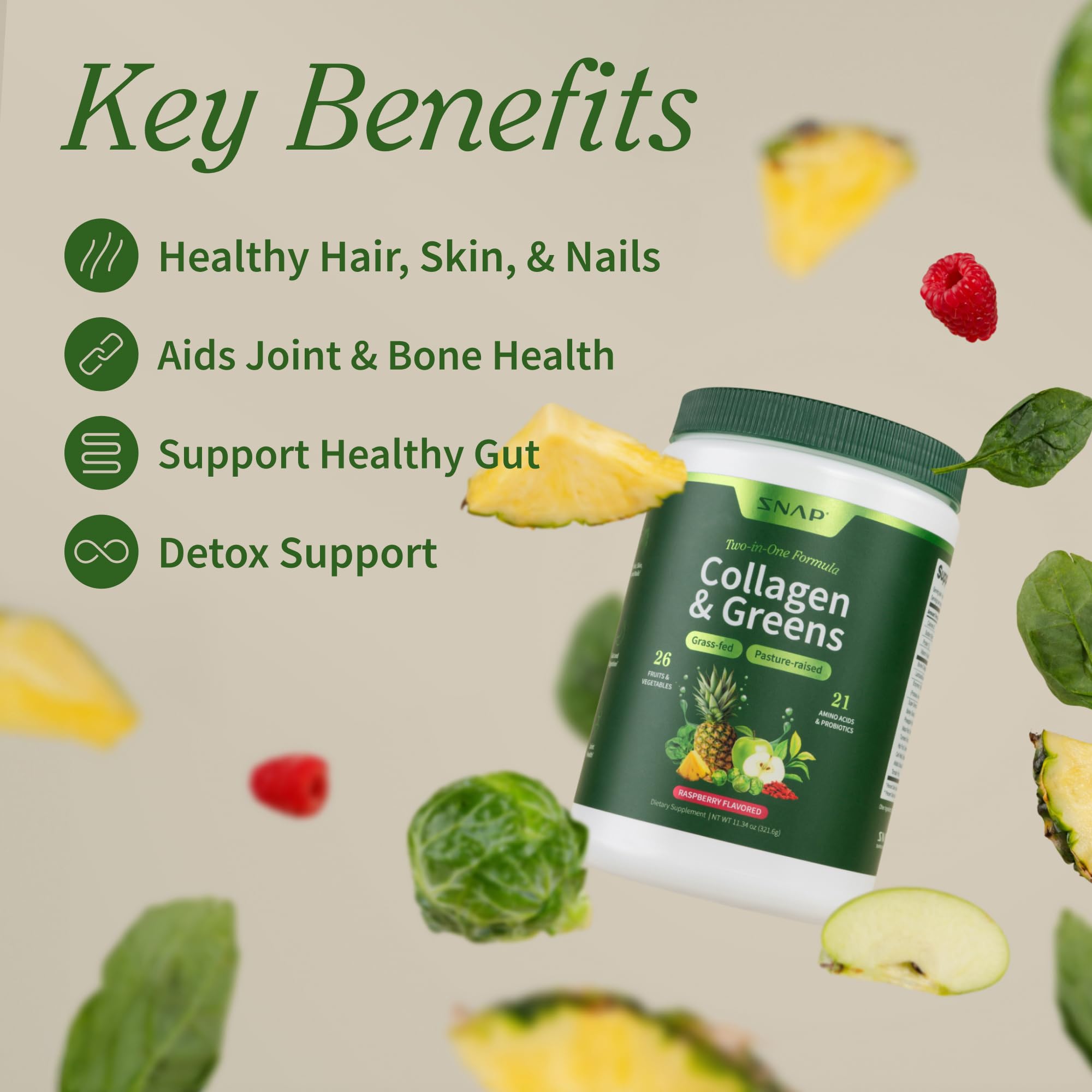 Snap Supplements Super Greens – spiruline et algues pour énergie quotidienne.