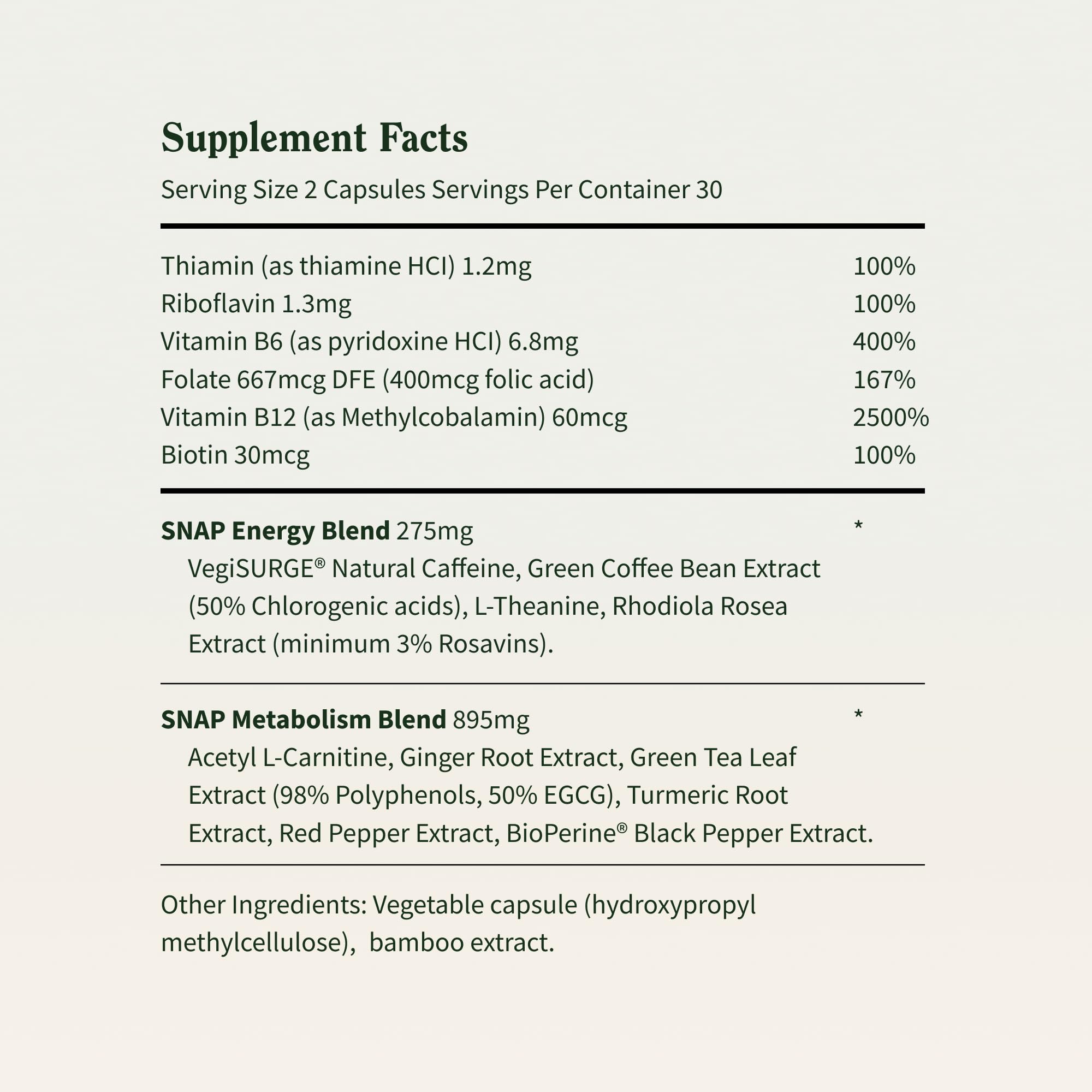 Snap Supplements Utilisation quotidienne: capsule avec repas pour une assimilation optimale.