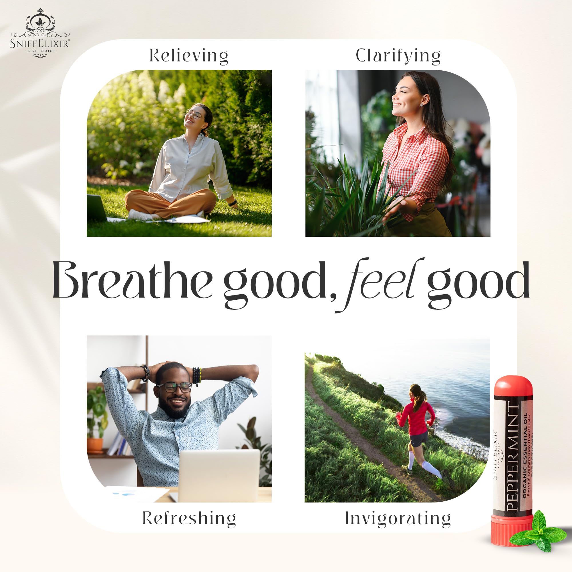 Emballage artisanal SniffElixir menthe: qualité naturelle et soin du détail.
