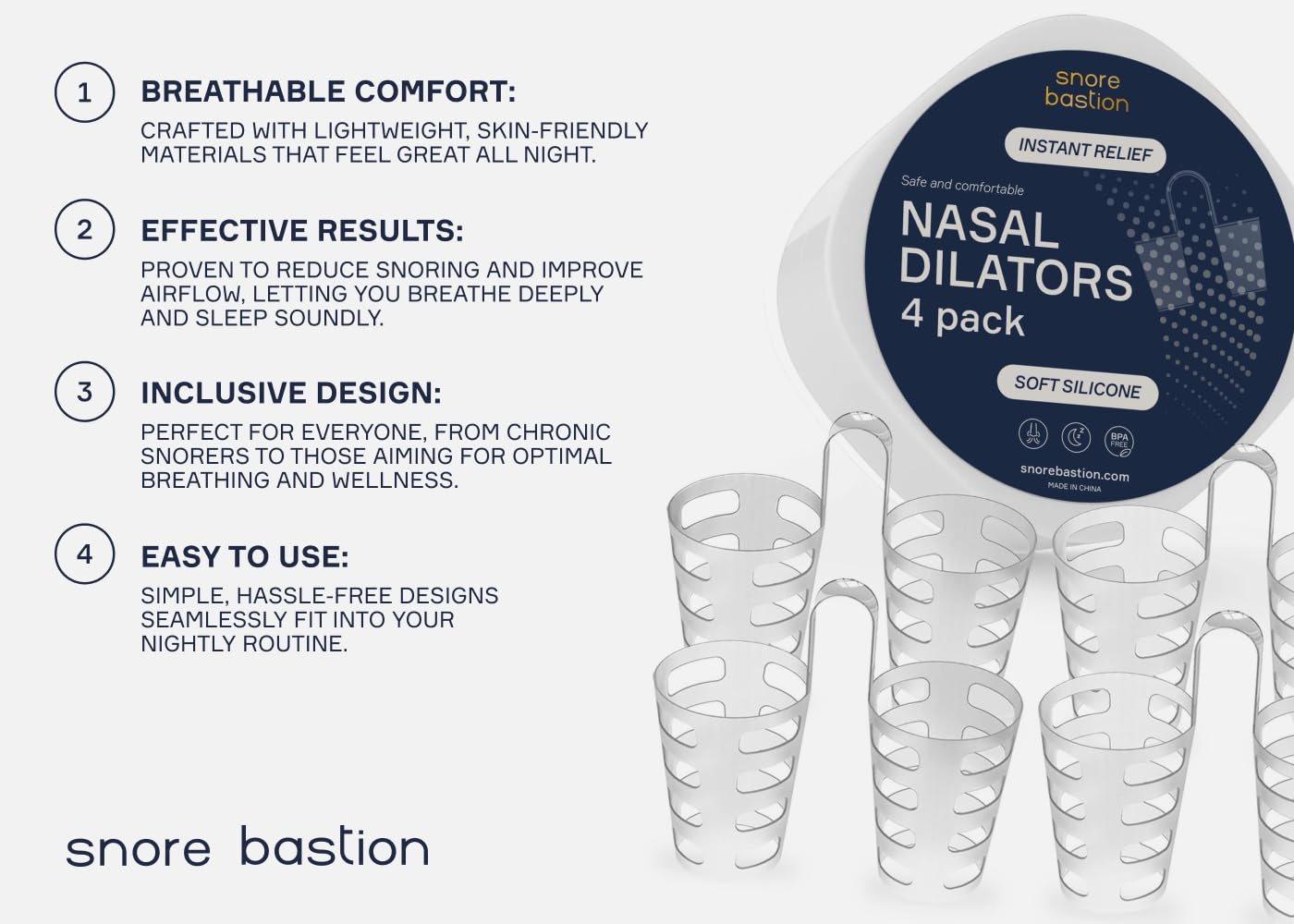 Snore Bastion – dilatateur nasal insertion douce pour usage nocturne confortable.