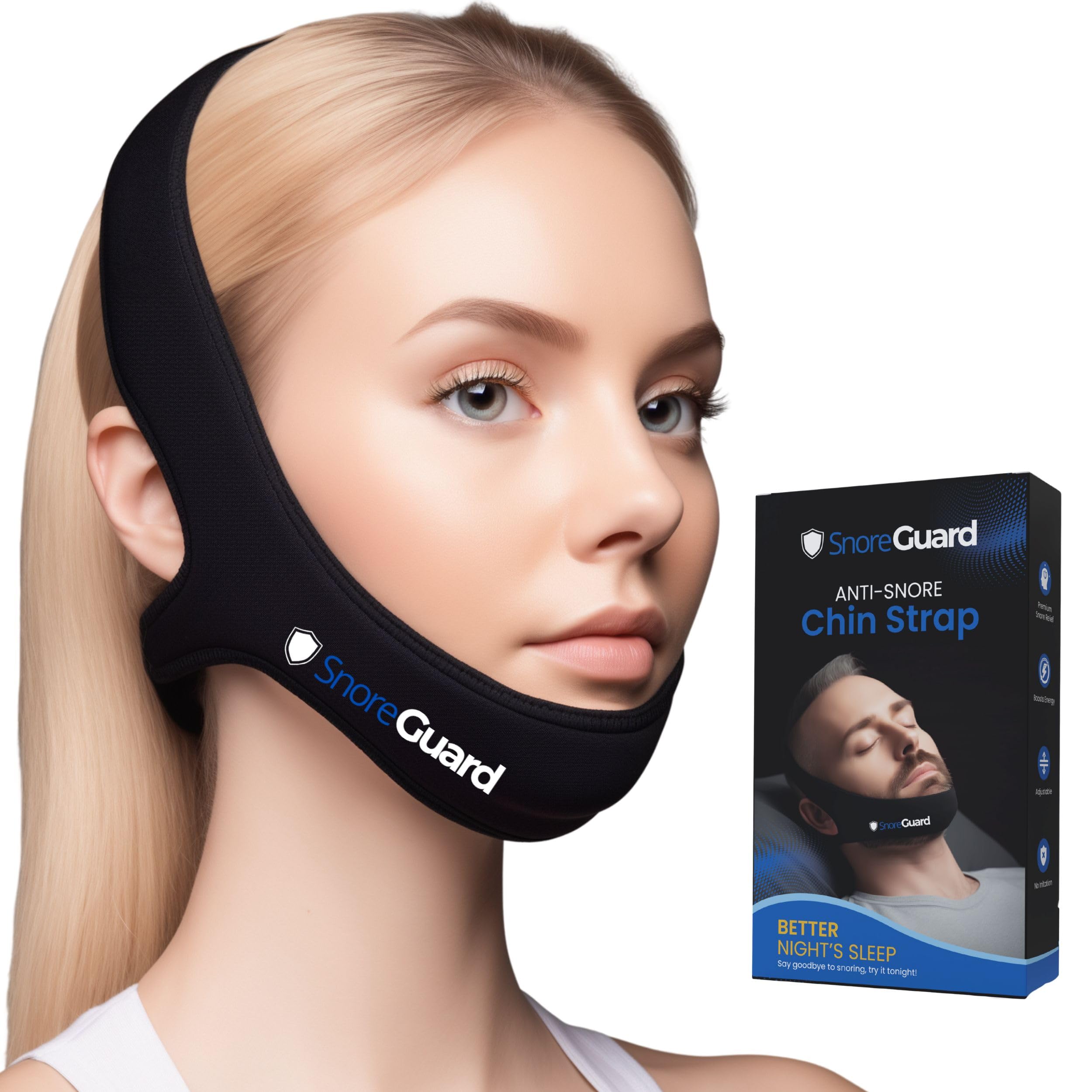 SnoreGuard bandeau menton confort pour un sommeil paisible et doux.