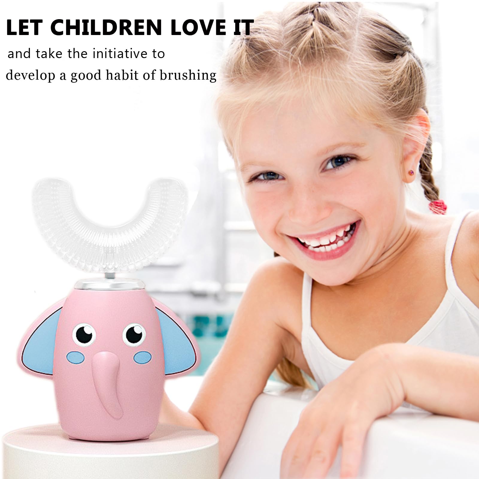 Snowrose brosse-dents u-forme pour enfants 2-12 ans, design ergonomique en rose.