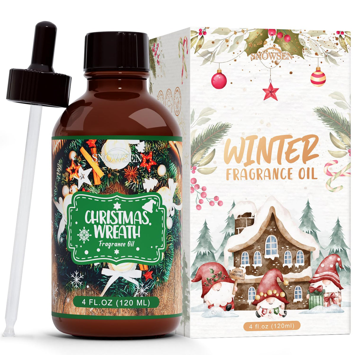 SNOWSEN huile parfum couronne de Noël en bouteille ambrée prête à diffuser