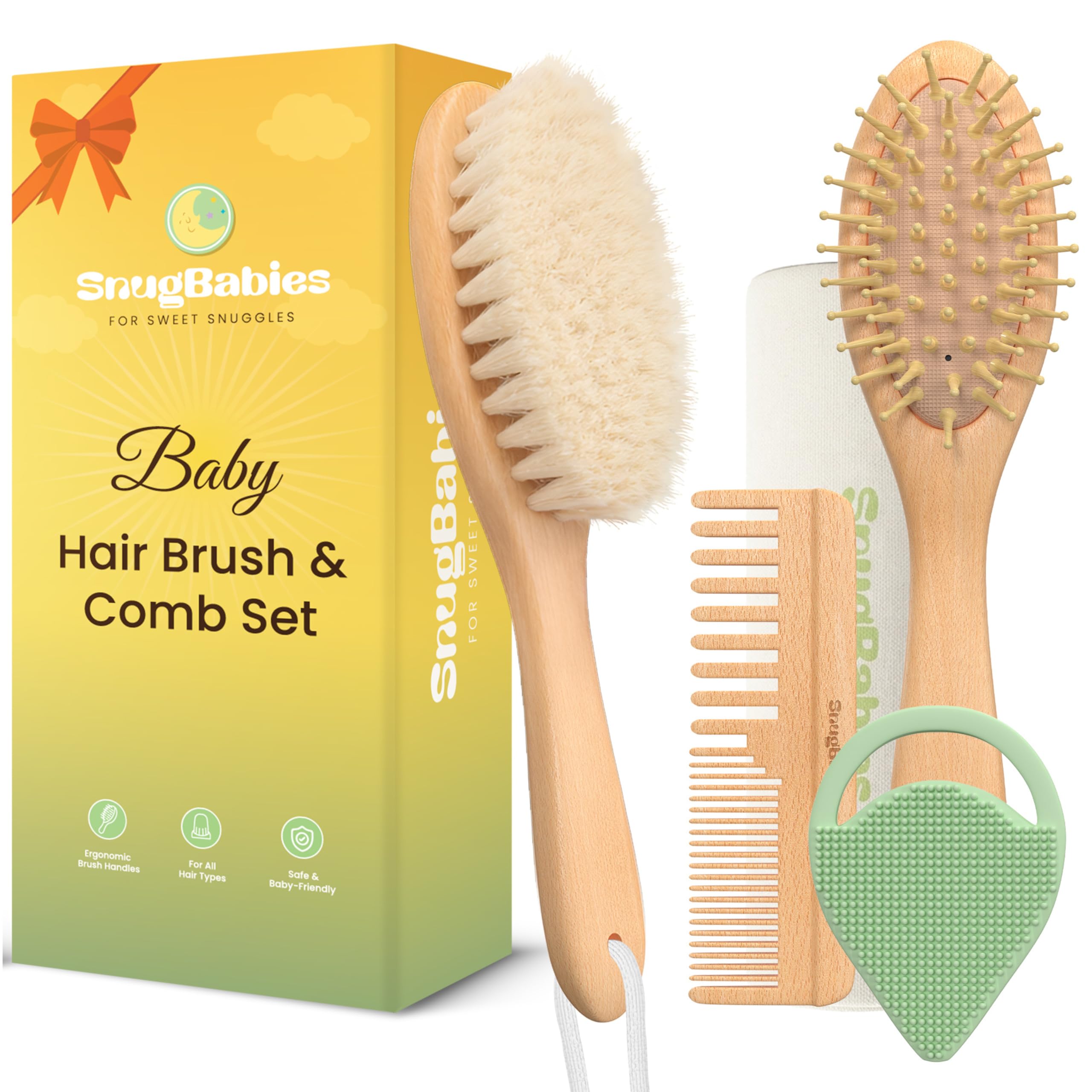 Brosse Snugbabies pour bébé avec poils de chèvre et manche en bois, prise naturelle.