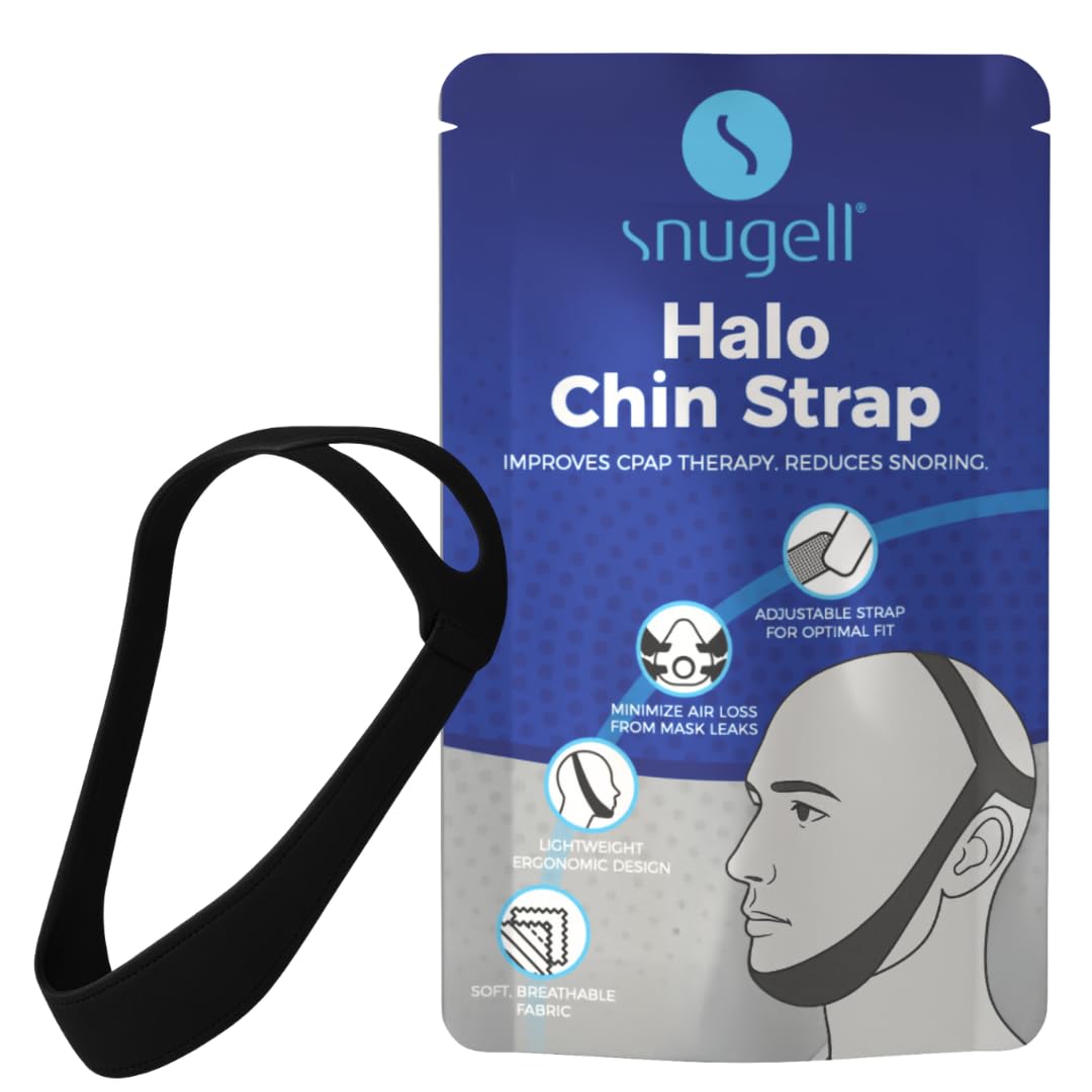 Snugell bande menton CPAP ajustable prévenant les fuites et améliorant le confort nocturne.