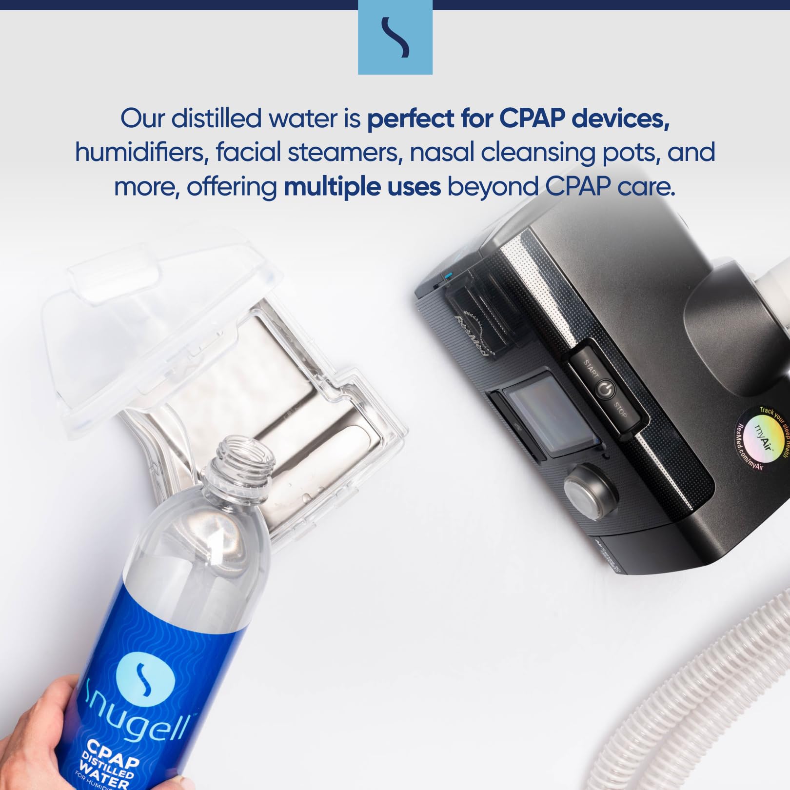Snugell eau distillée offrant jusqu’à 12 jours d’approvisionnement pour CPAP et usages.