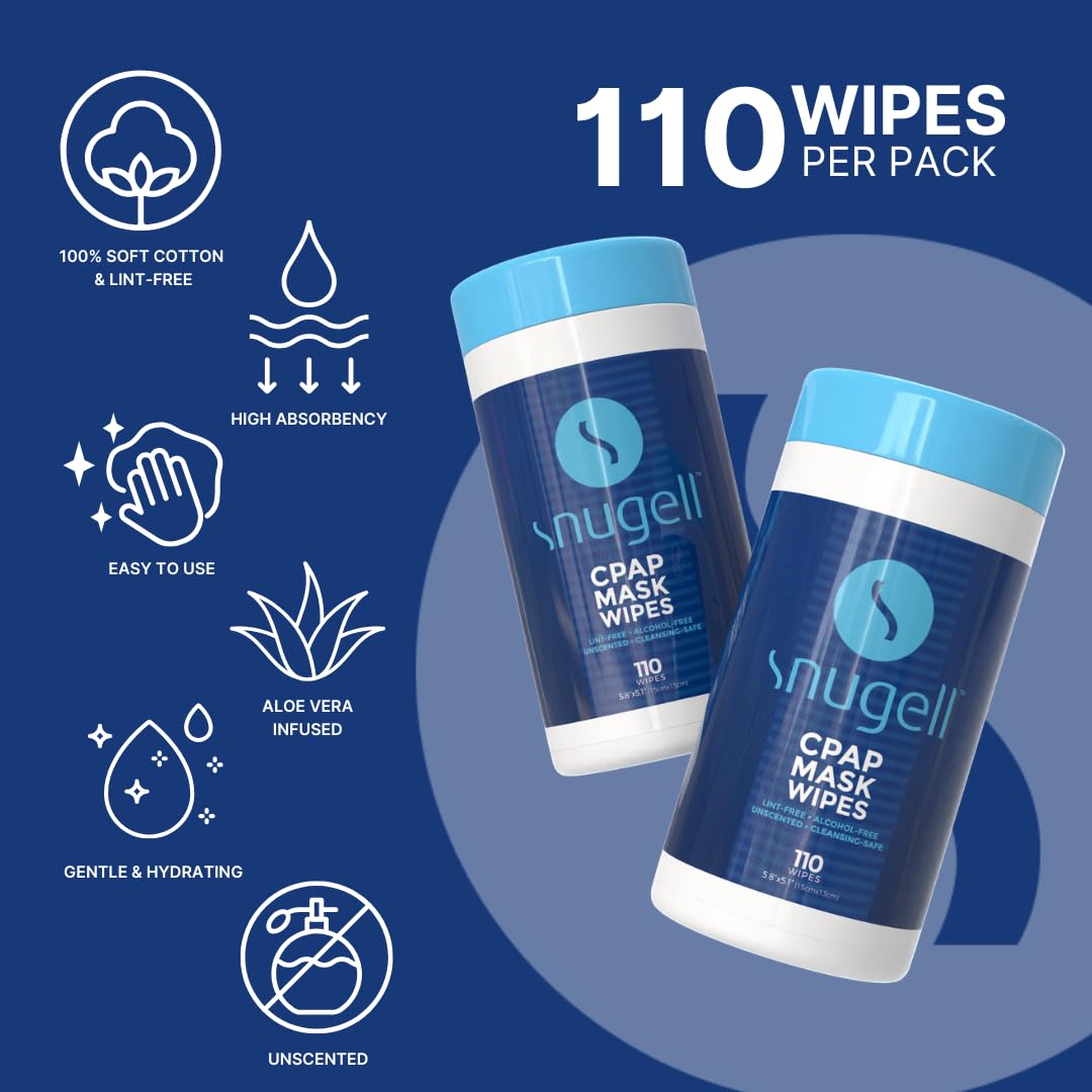 Snugell lingettes nettoyage masque CPAP – éliminent huiles et poussières en douceur.