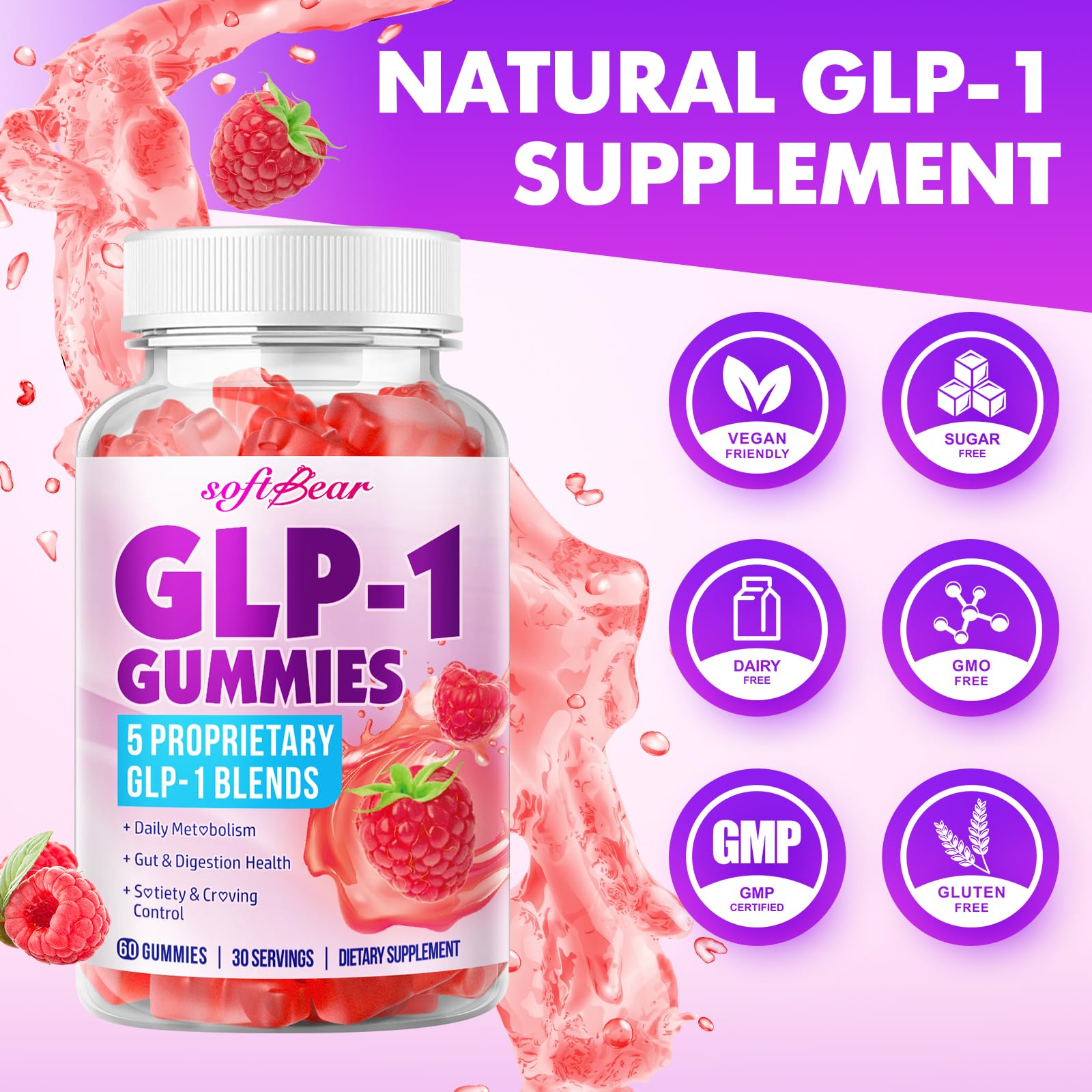 Softbear Emballage Gommes GLP-1 framboise, format pratique à emporter.