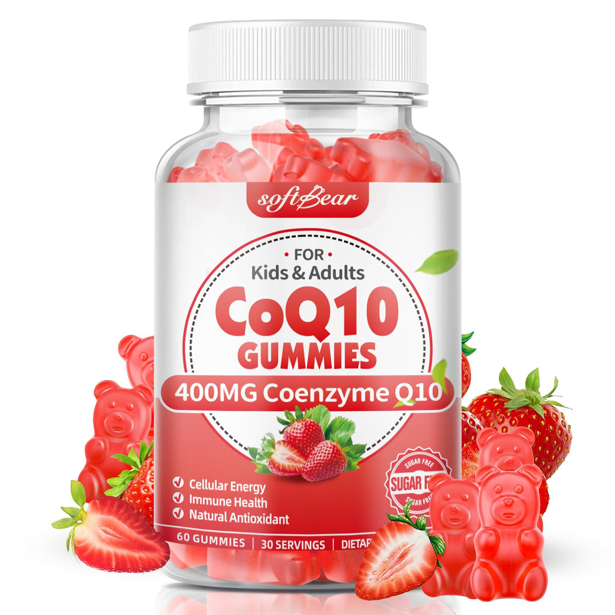 Gommes Softbear CoQ10 400 mg dans une bouteille ouverte, énergie potentielle au quotidien.