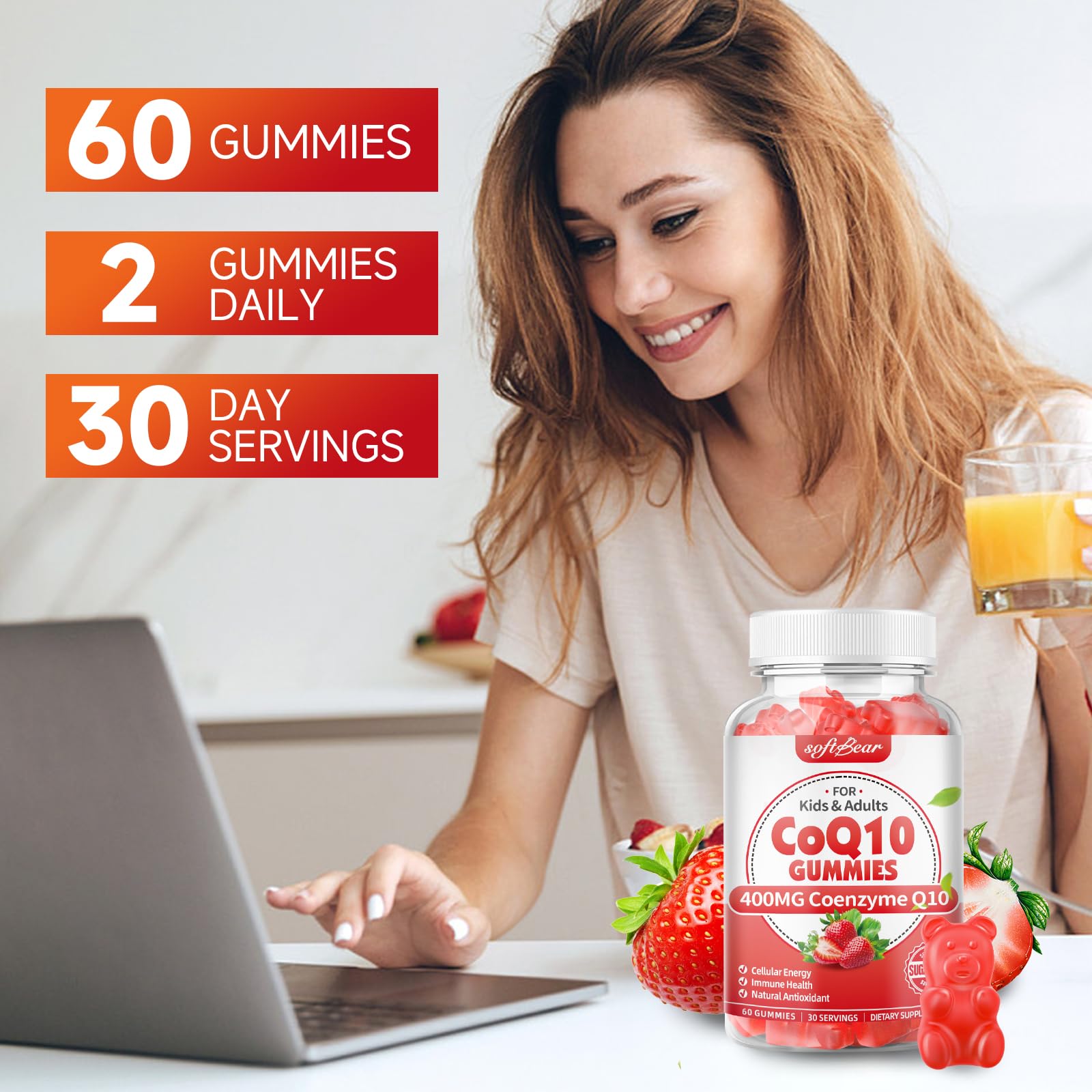 Gommes Softbear CoQ10 prêt à consommer, portion facile à mesurer.