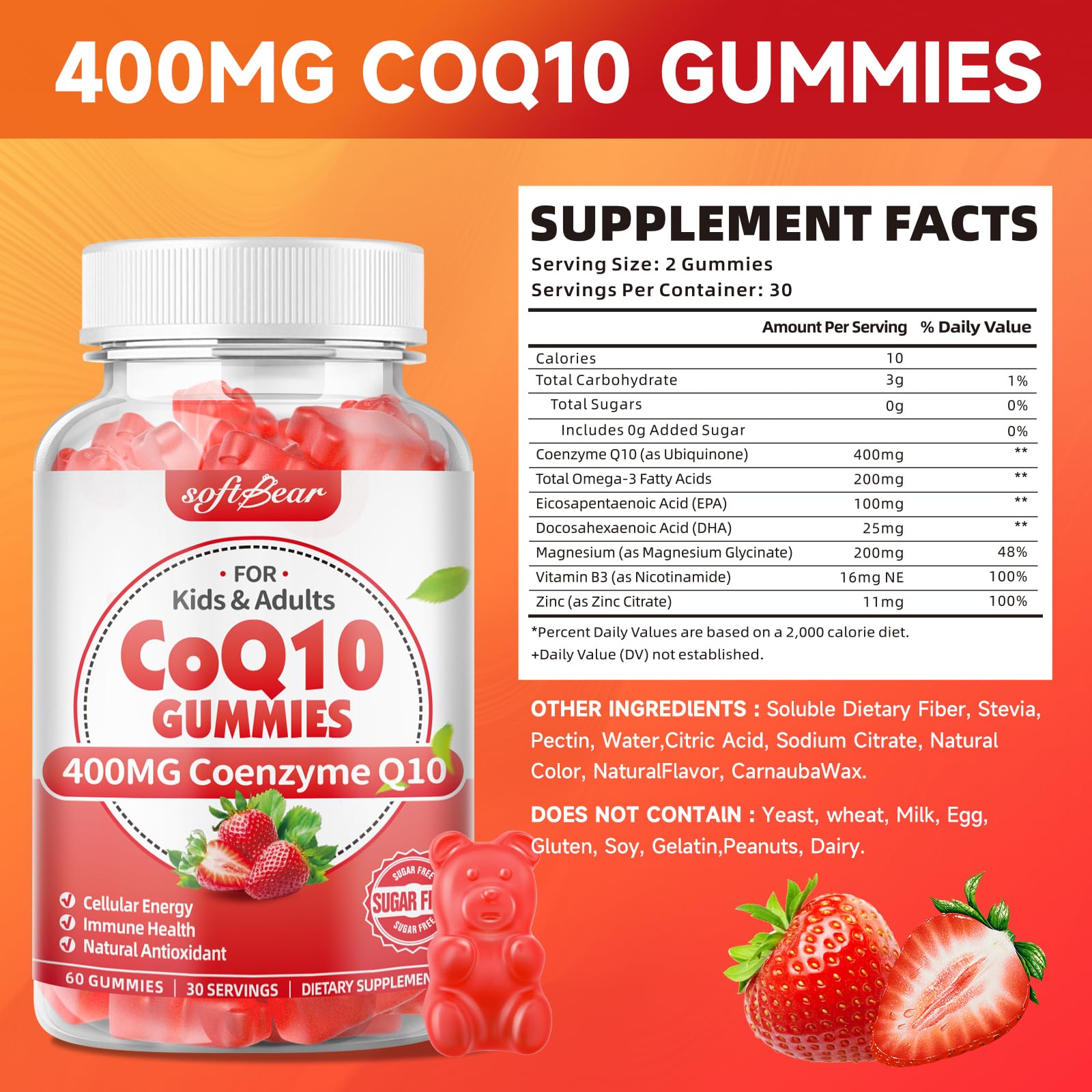Gommes Softbear CoQ10 rose-fraise sur fond clair, goût agréable et énergie possible.