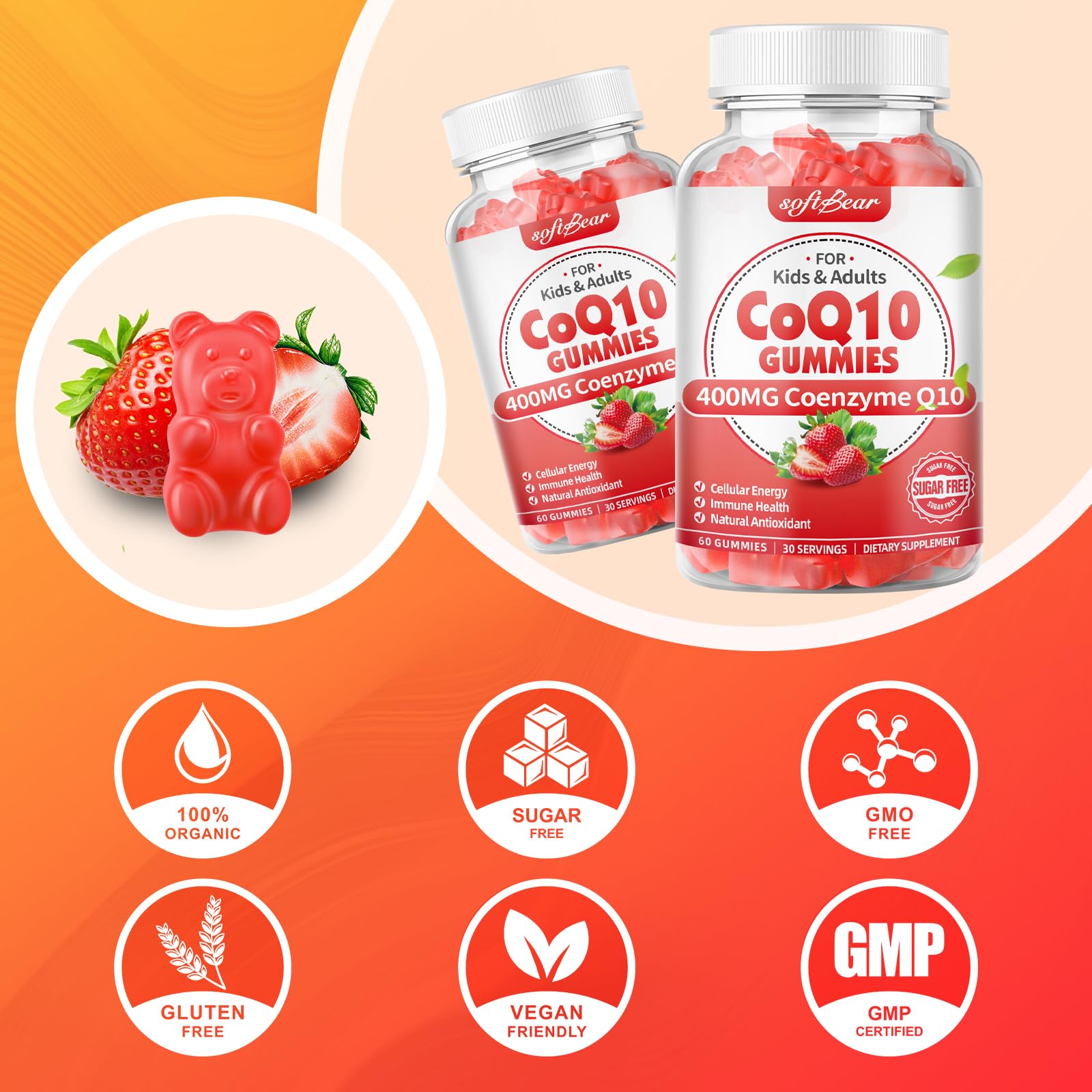 Gommes Softbear CoQ10 fraise, moment de plaisir tout en soutien énergétique.