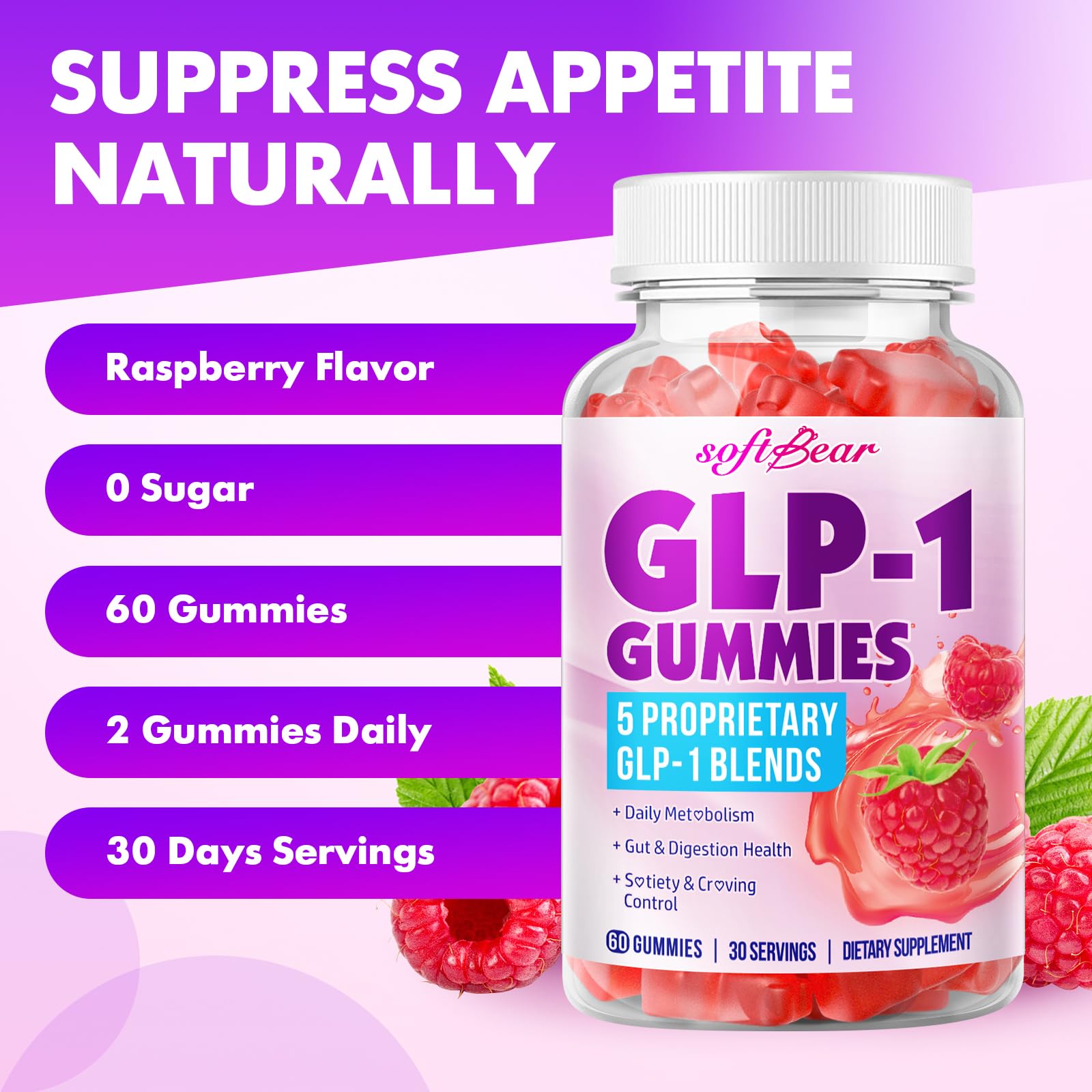 Softbear Gommes GLP-1 énergie quotidienne, saveur framboise.