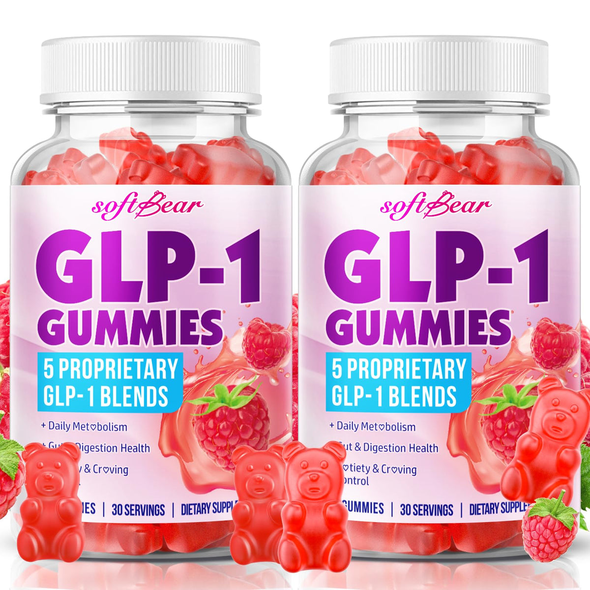 Softbear gommes GLP-1 framboise en bouteille pour consommation quotidienne.