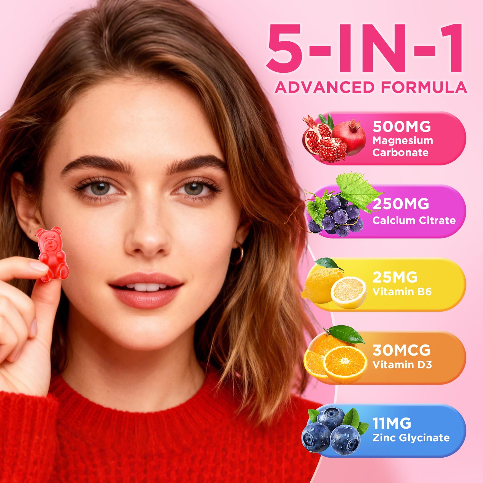 Dose quotidienne pratique en gommes, soutien potentiel pour muscles et digestion.