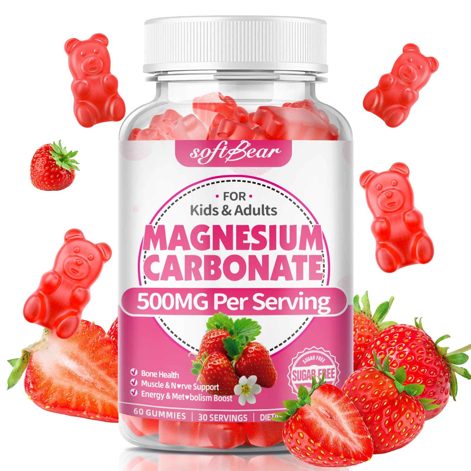 Gommes SoftBear Magnésium 500mg en flacon, soutien potentiel des os et du tonus.