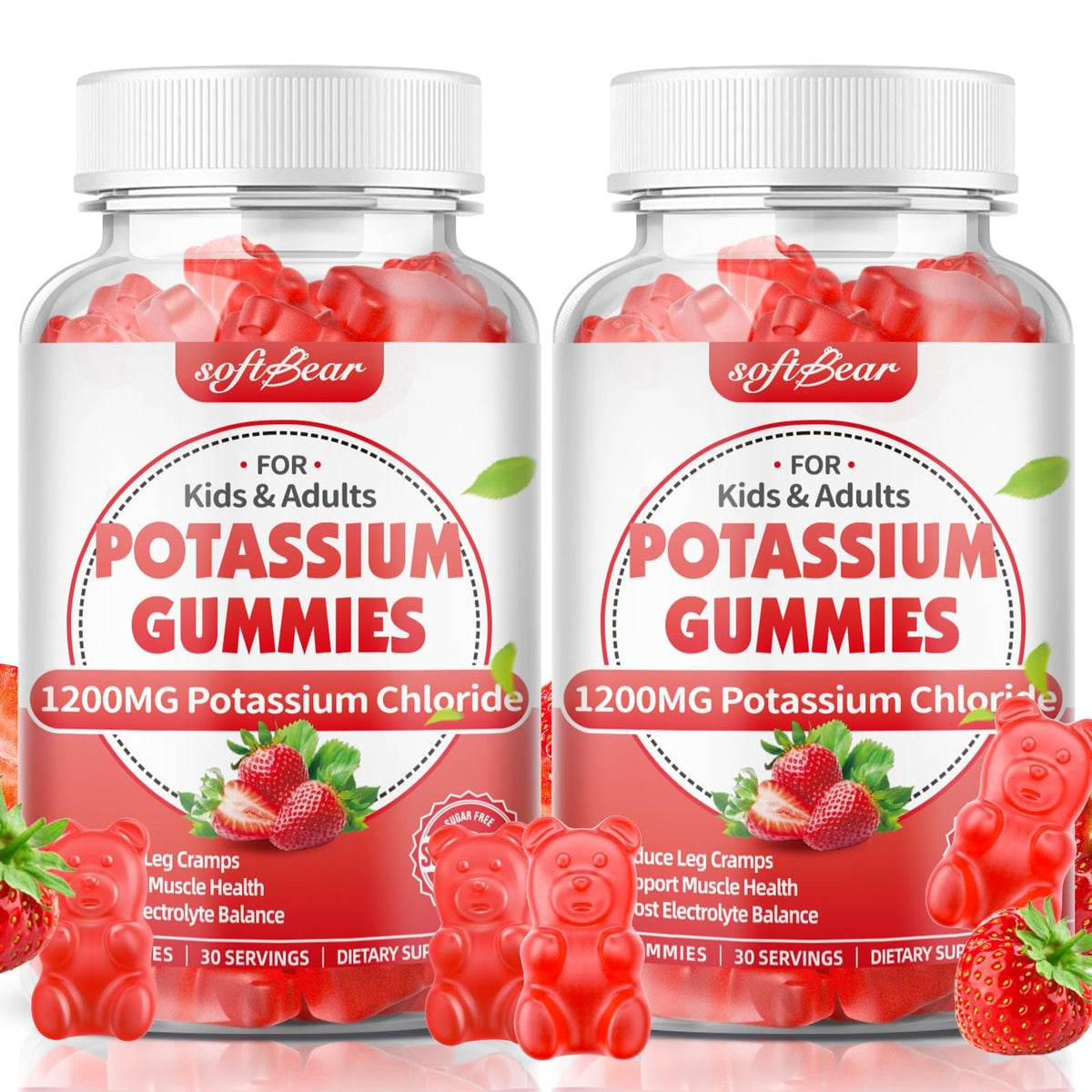 SoftBear Potassium Chlorure gommes en bouteille de 1200 mg, présentation claire et pratique.