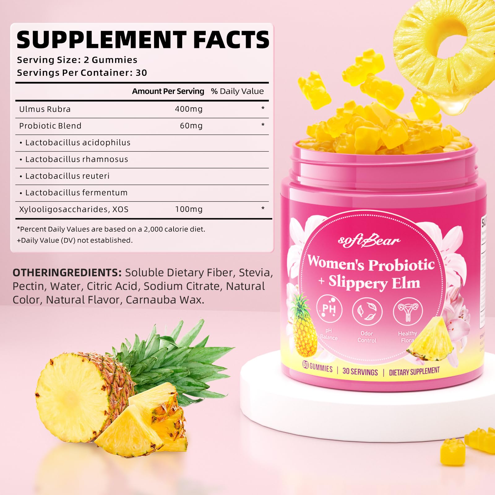 SoftBear gommes probiotiques pour femmes – ananas saveur: plaisir quotidien et équilibre.