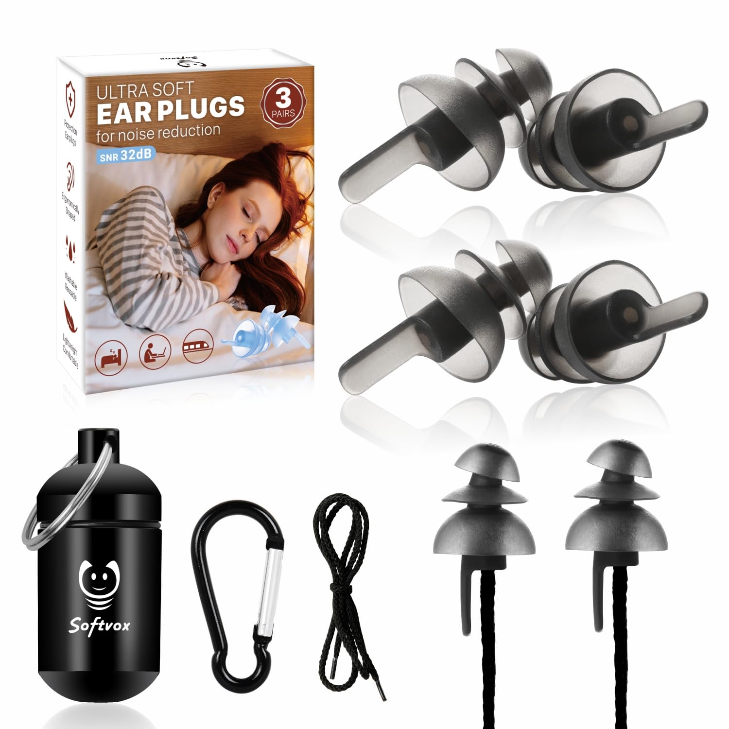 Softvox bouchons d'oreilles en silicone doux pour dormir, confortables et discrets.