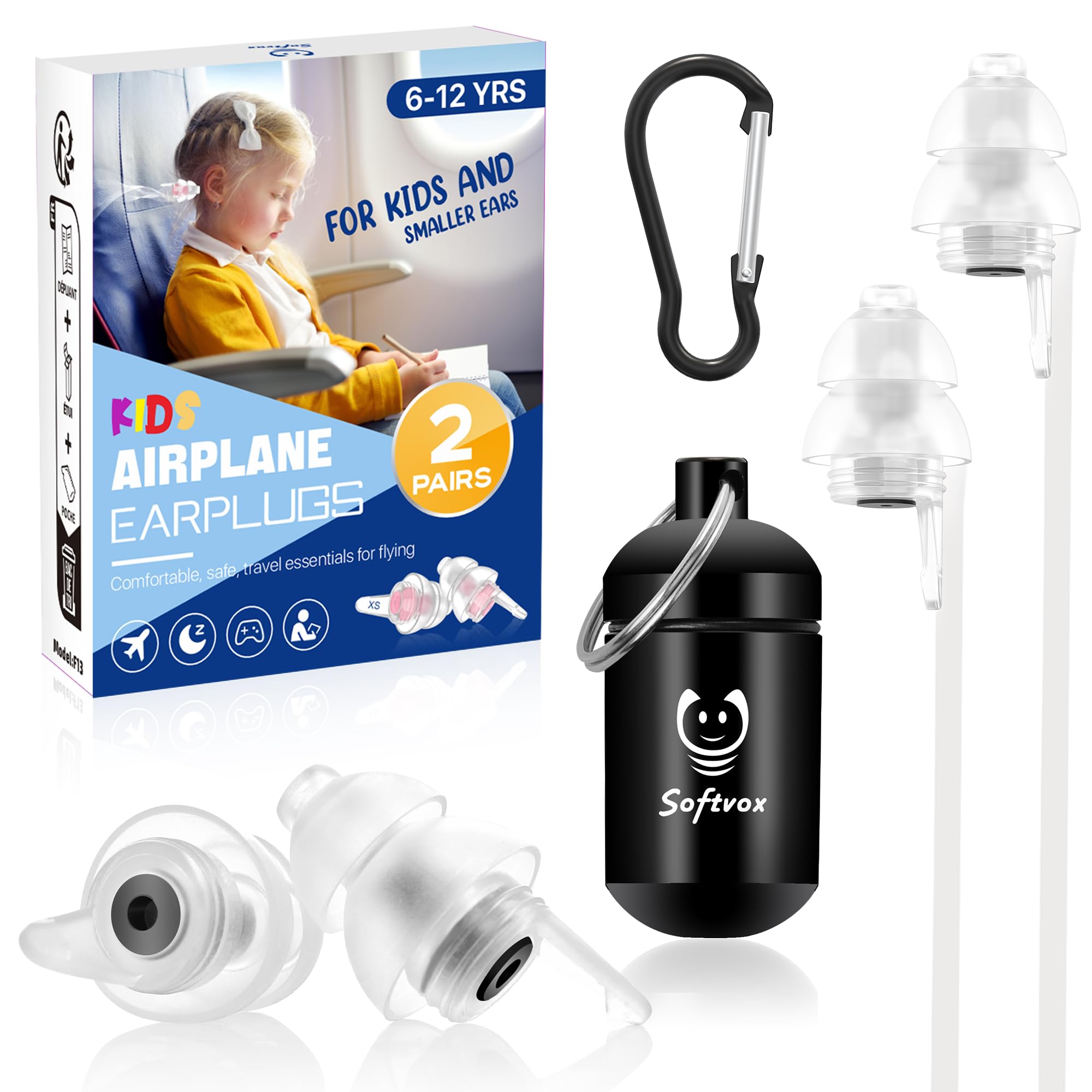 Softvox bouchons d'oreilles enfant avion, réduction du bruit jusqu'à 25 dB pendant le trajet.