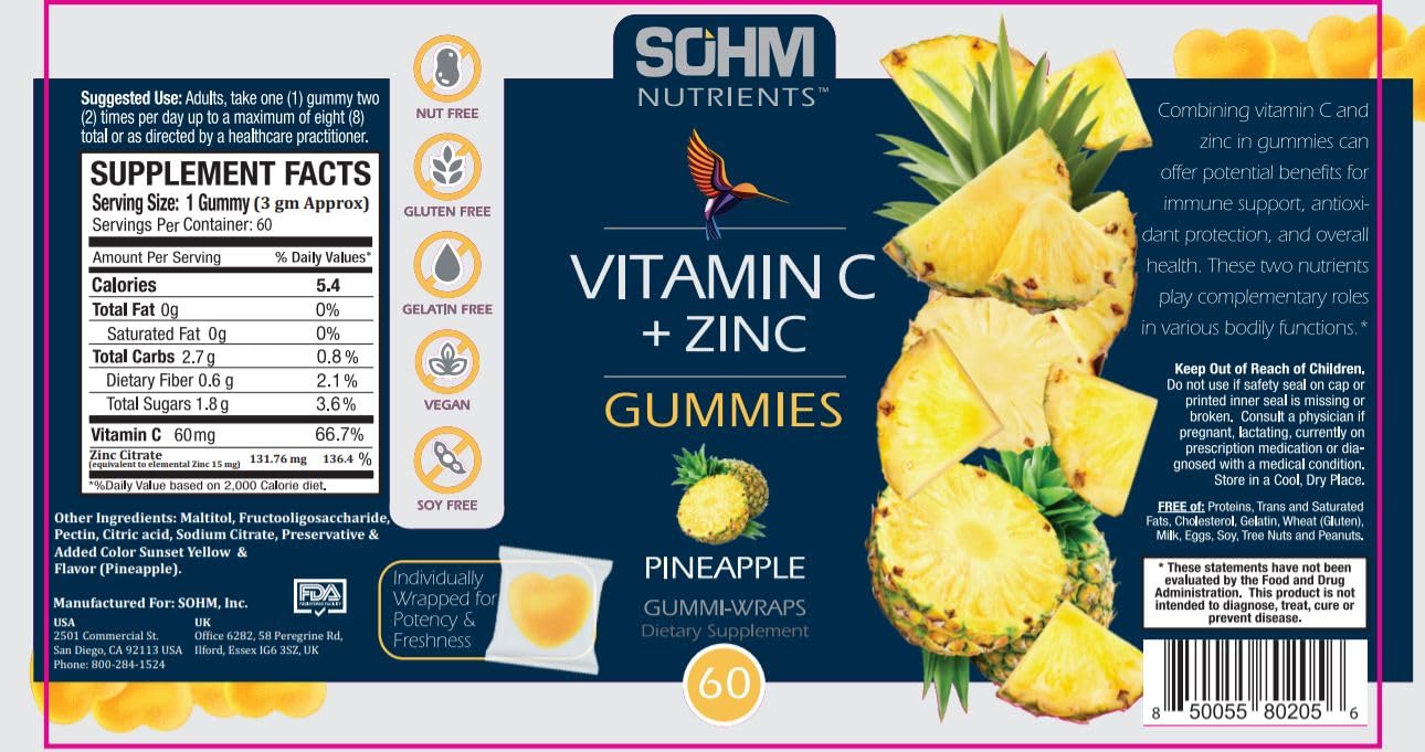 SOHM gommes vitamine C zinc: consommation quotidienne pratique et savoureuse.