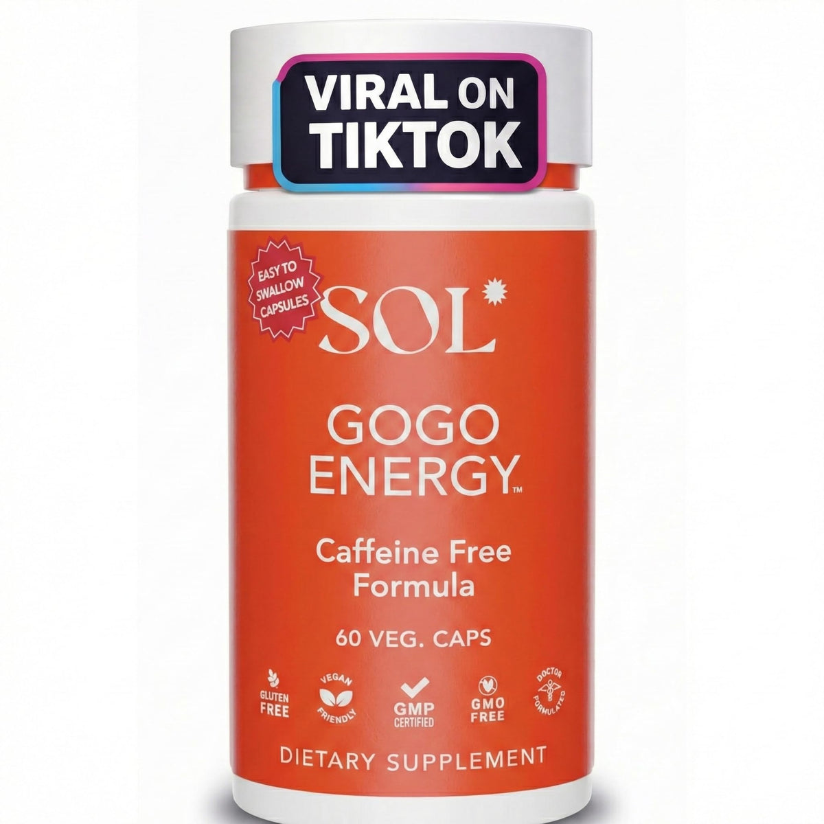 Sol Nutrition Gogo Energy: bouteille élégante pour énergie naturelle et focus durable.