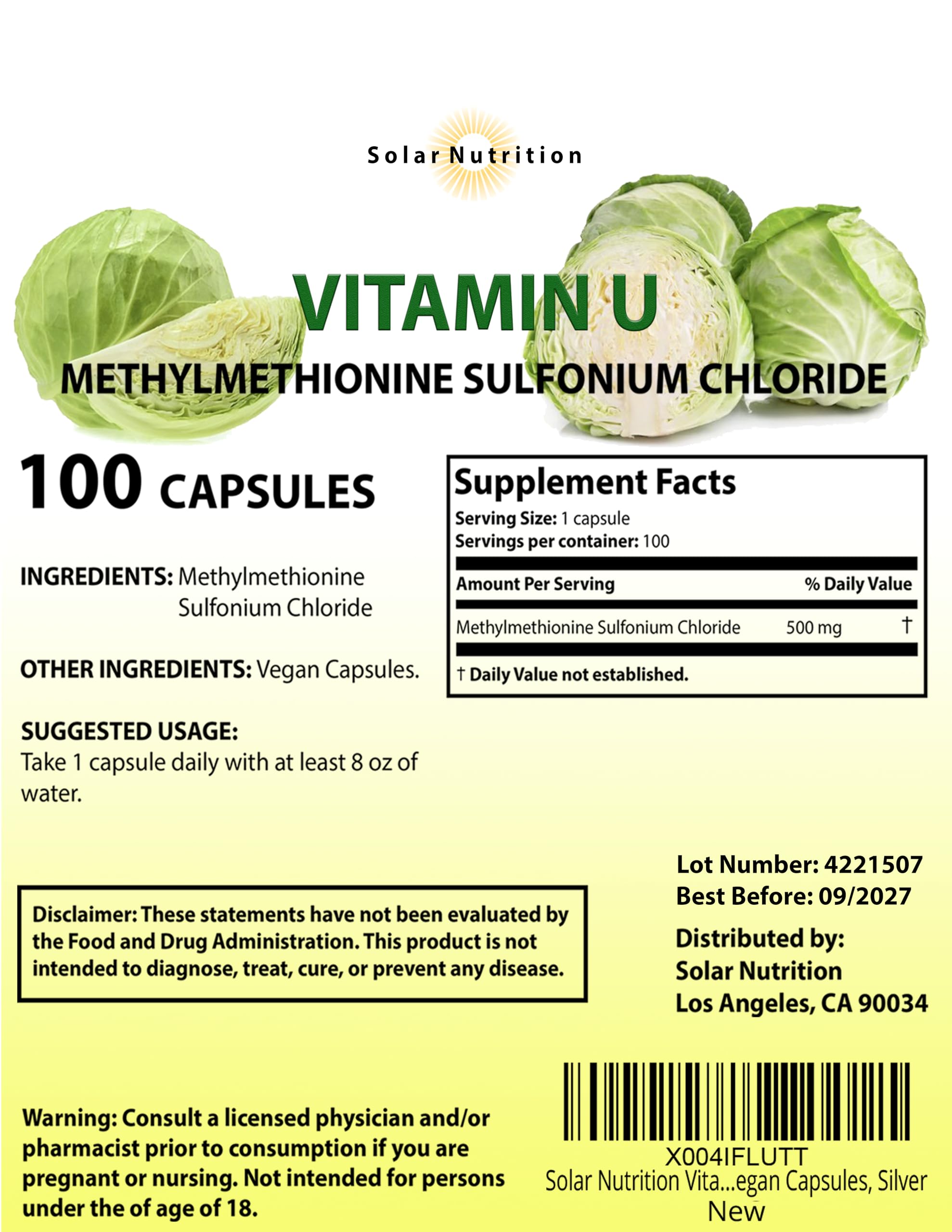 Solar Nutrition Vitamine U – bouteille de 100 capsules véganes, pratique pour une routine quotidienne.