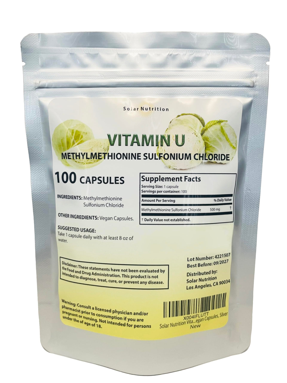 Solar Nutrition Vitamine U – emballage argenté facilitant l’identification du produit et la traçabilité.