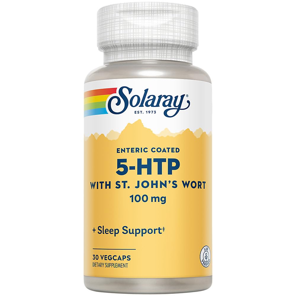 SOLARAY 5-HTP Plus Millepertuis, bouteille visible, soutien potentiel du bien-être au quotidien