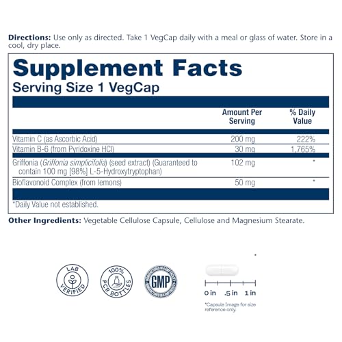 SOLARAY 5HTP 100mg, vegcaps en gros plan, capsules végétales pour le soutien nerveux.