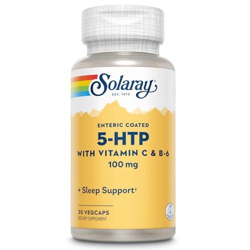 SOLARAY 5HTP 100mg, bouteille visible, utile pour le soir et détente potentielle.