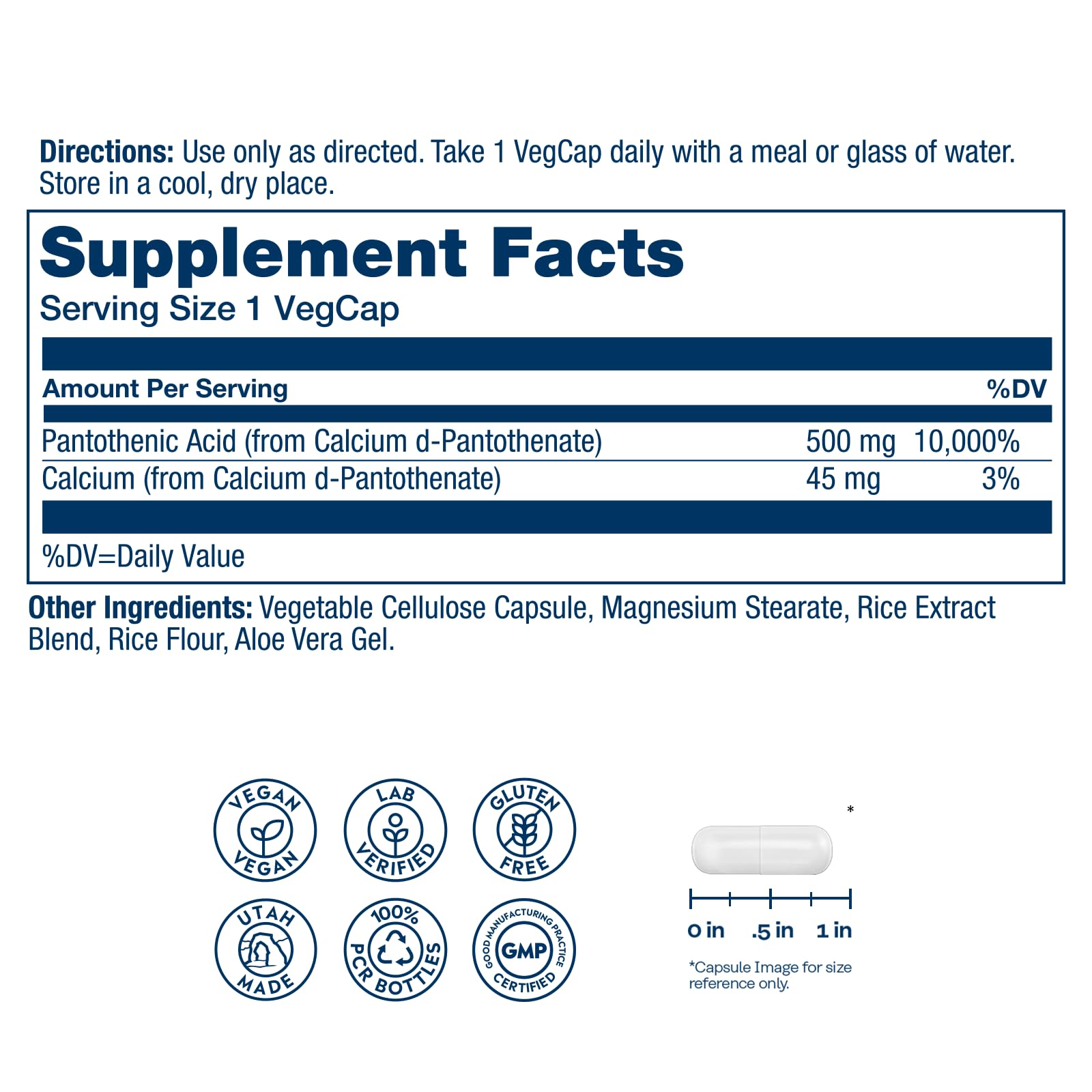 SOLARAY acide pantothénique 500 mg – capsules véganes, usage quotidien pratique.