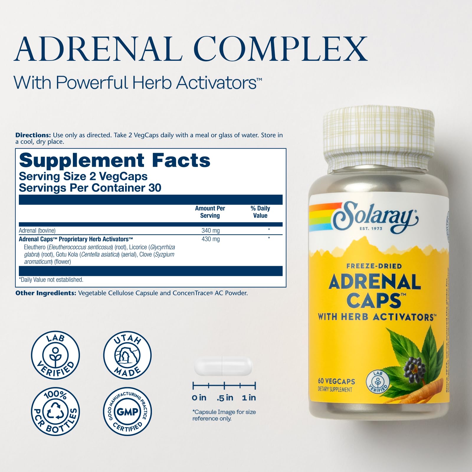 SOLARAY Adrenal Caps — composants herbes pour soutien adaptogène potentiel.