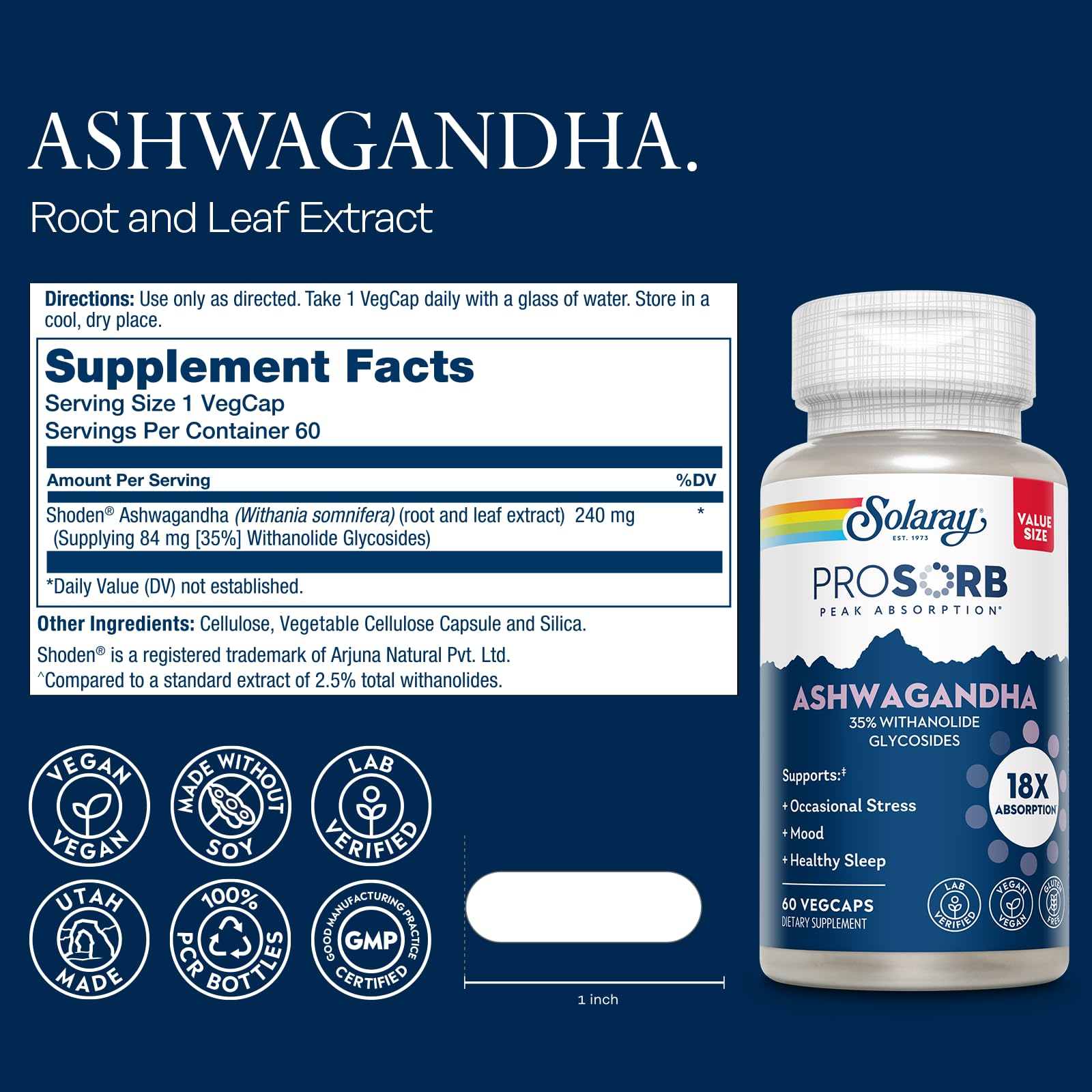 Bouteille SOLARAY Ashwagandha pour usage quotidien.