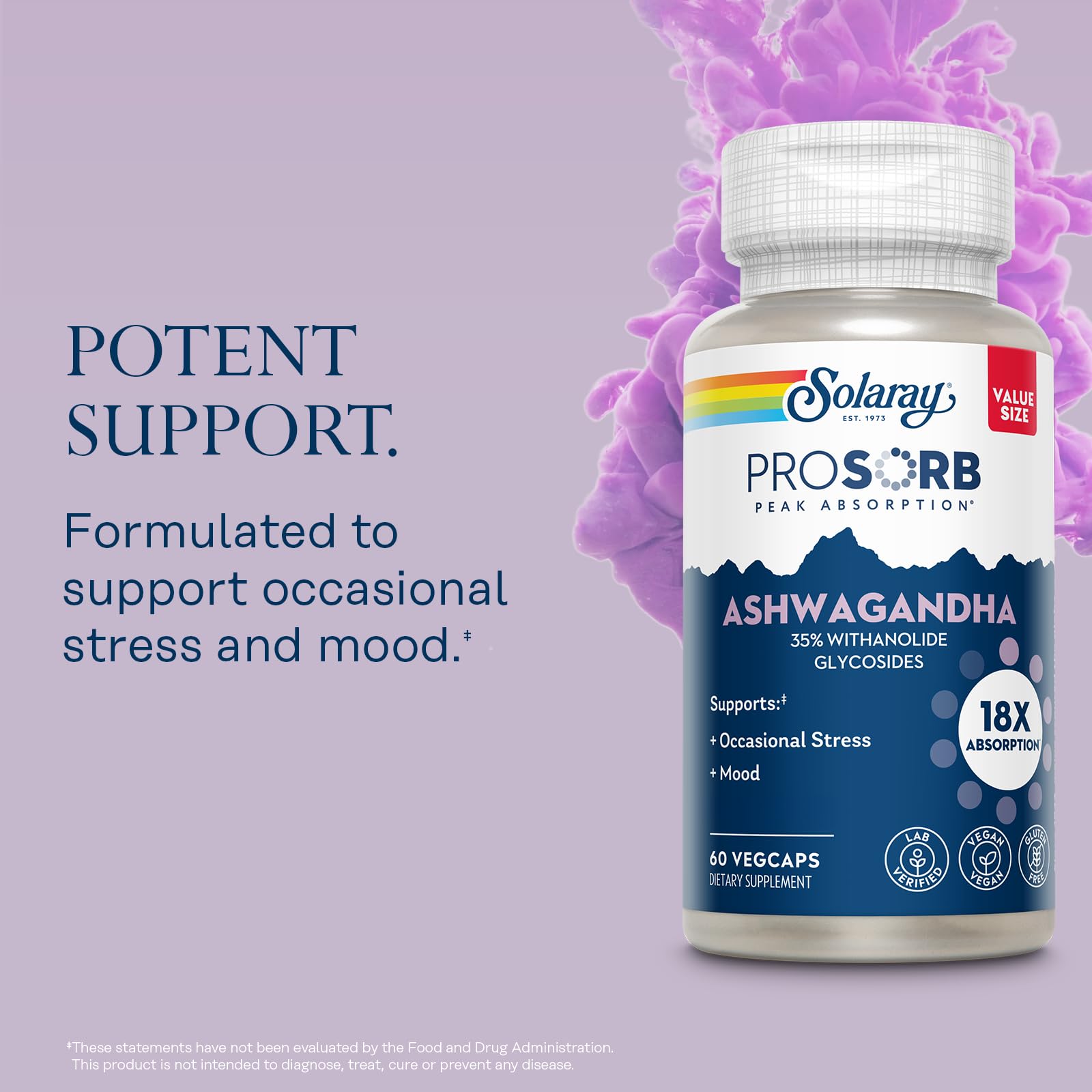 Capsules SOLARAY Ashwagandha dose 240 mg pour le quotidien.