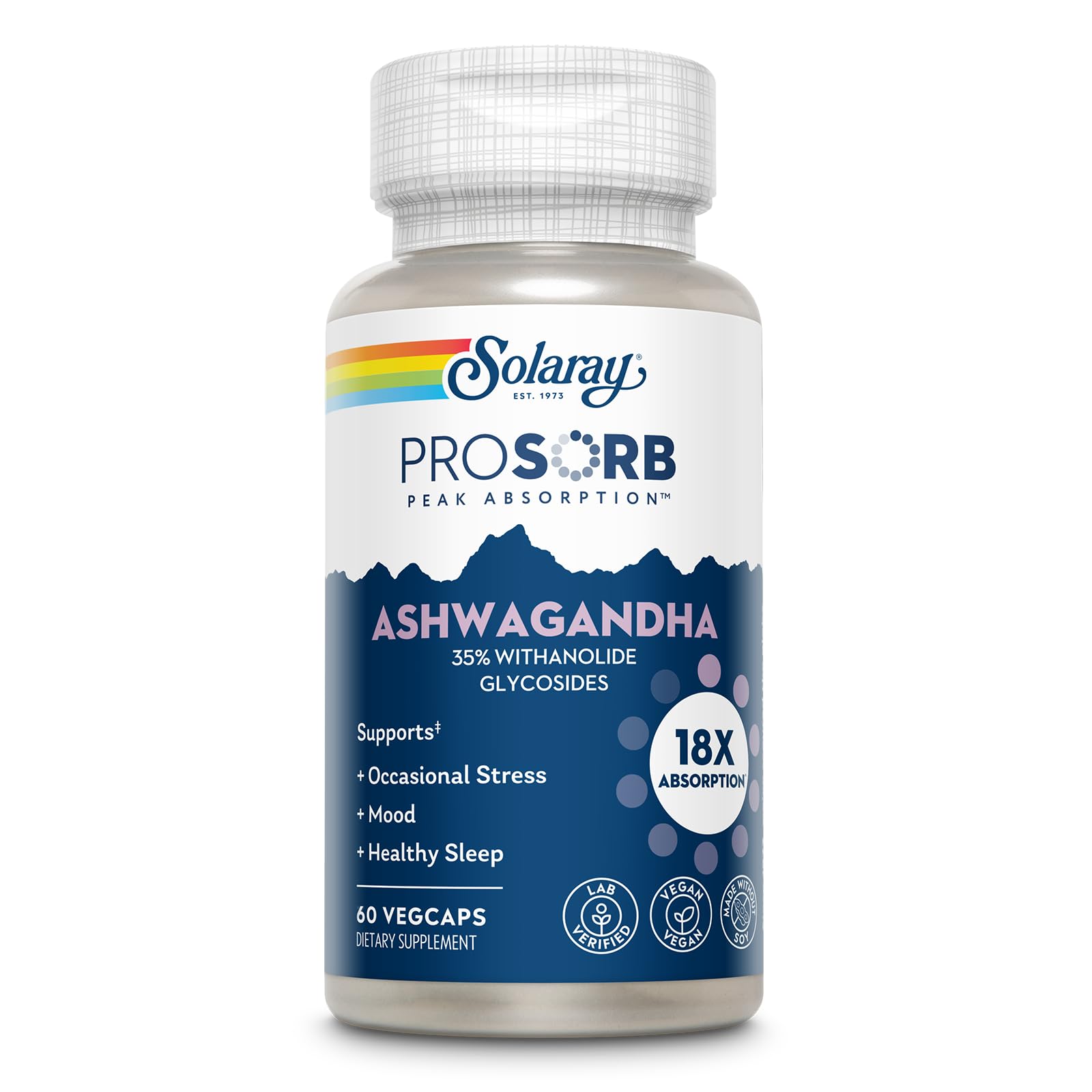 SOLARAY Ashwagandha emballage pratique pour routine bien-être.
